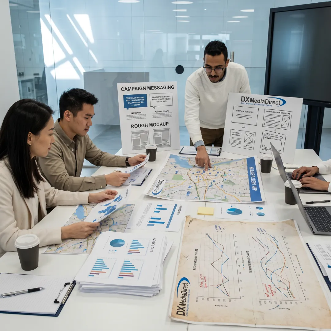 Advertising team reviewing an outdoor media campaign
