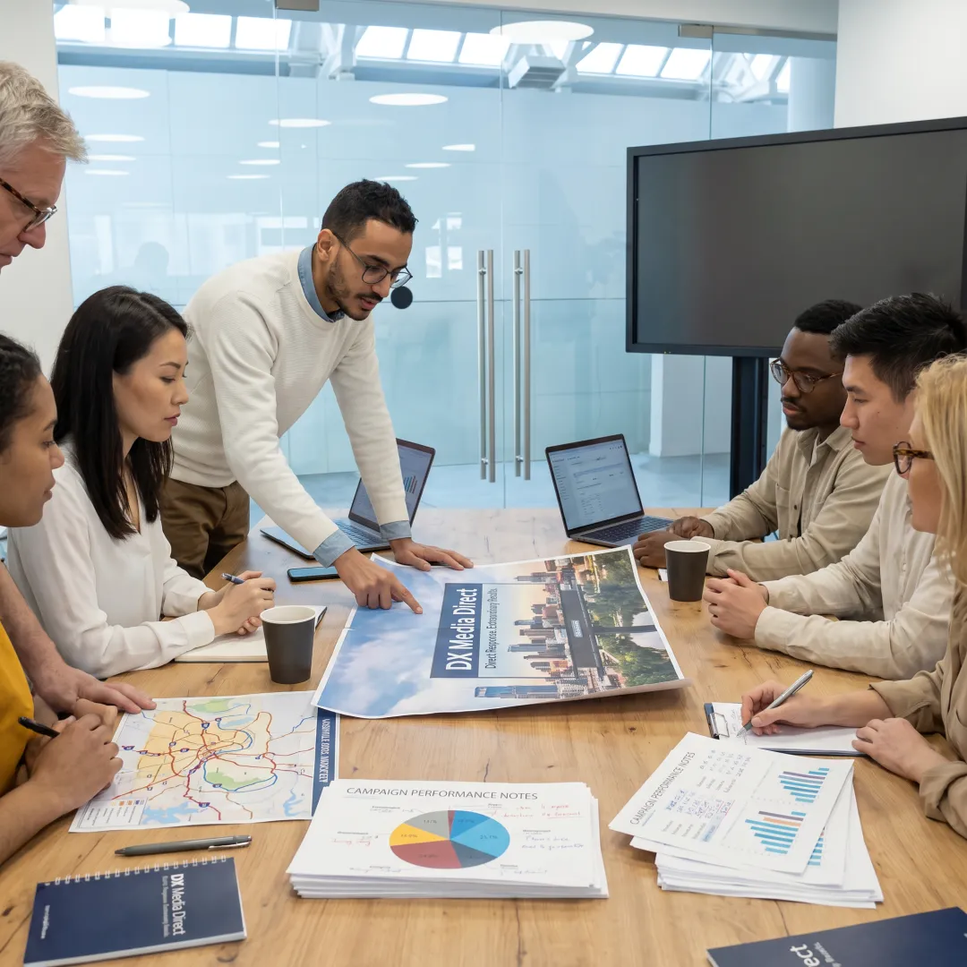Advertising team reviewing billboard campaign creative