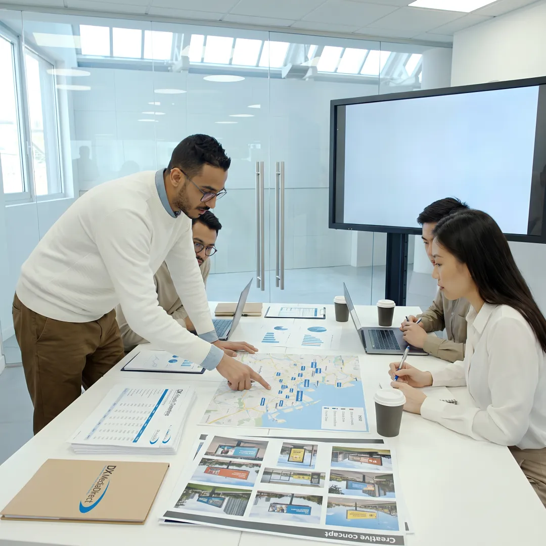 Team reviewing a billboard advertising campaign