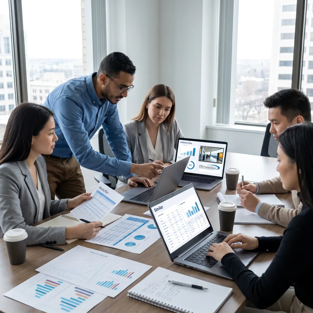 Marketing team reviewing airport advertising campaign