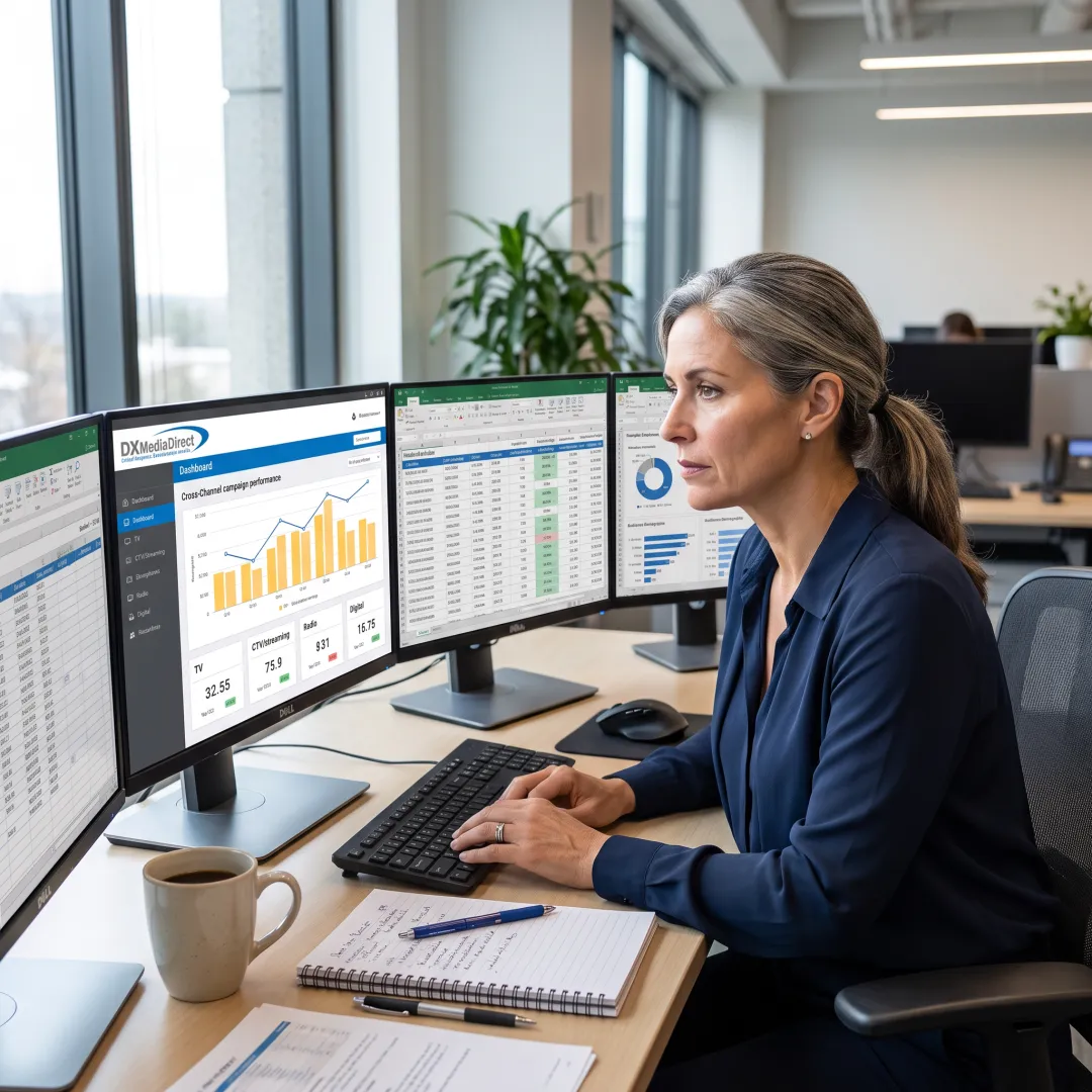 Media buyer analyzing advertising performance data