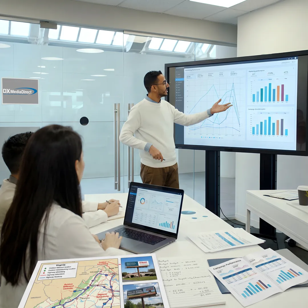 Advertising team reviewing an outdoor media plan