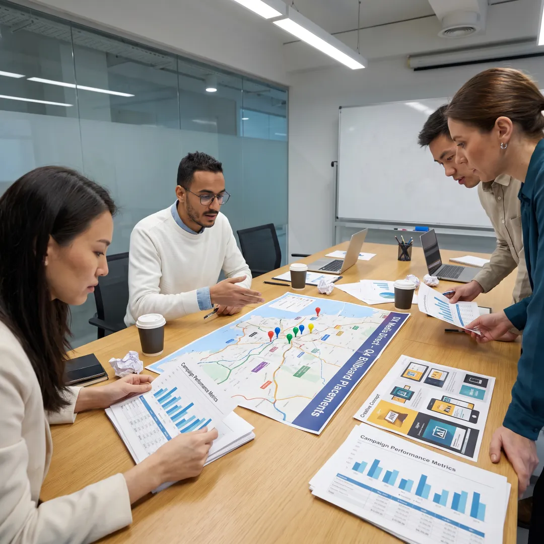 Advertising team reviewing an outdoor campaign plan