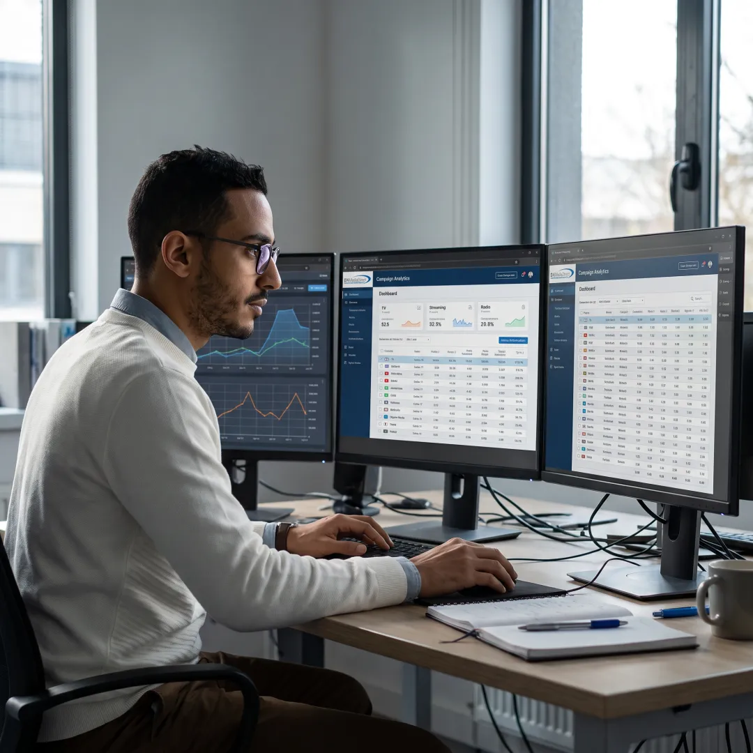 Media strategist reviewing multichannel advertising performance