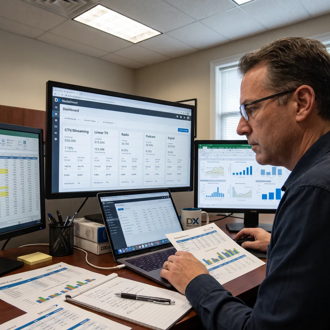 Media buyer analyzing advertising campaign data