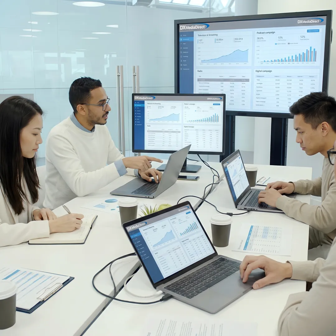 Marketing team reviewing a cross-channel advertising campaign
