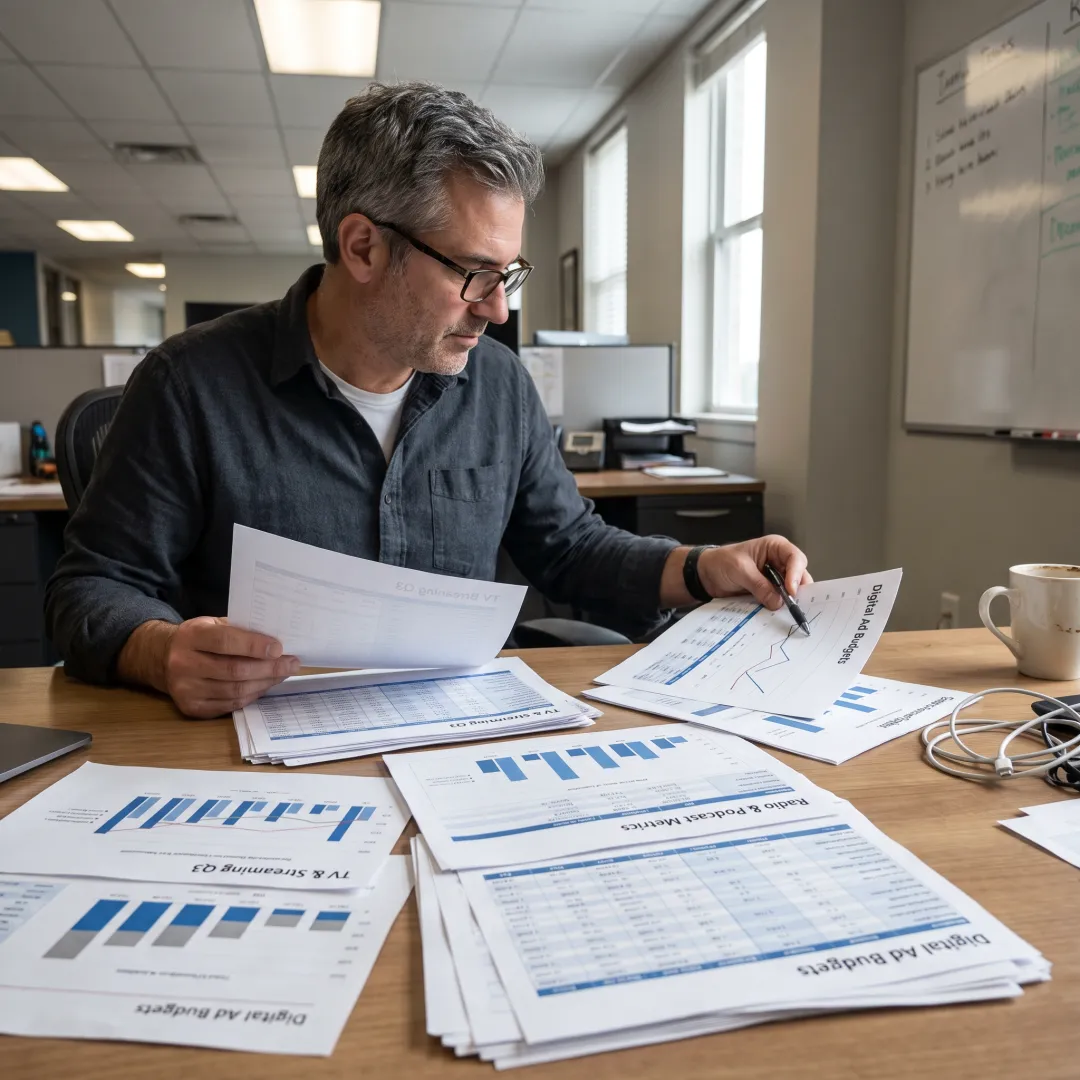 Media strategist planning a multi-channel advertising campaign