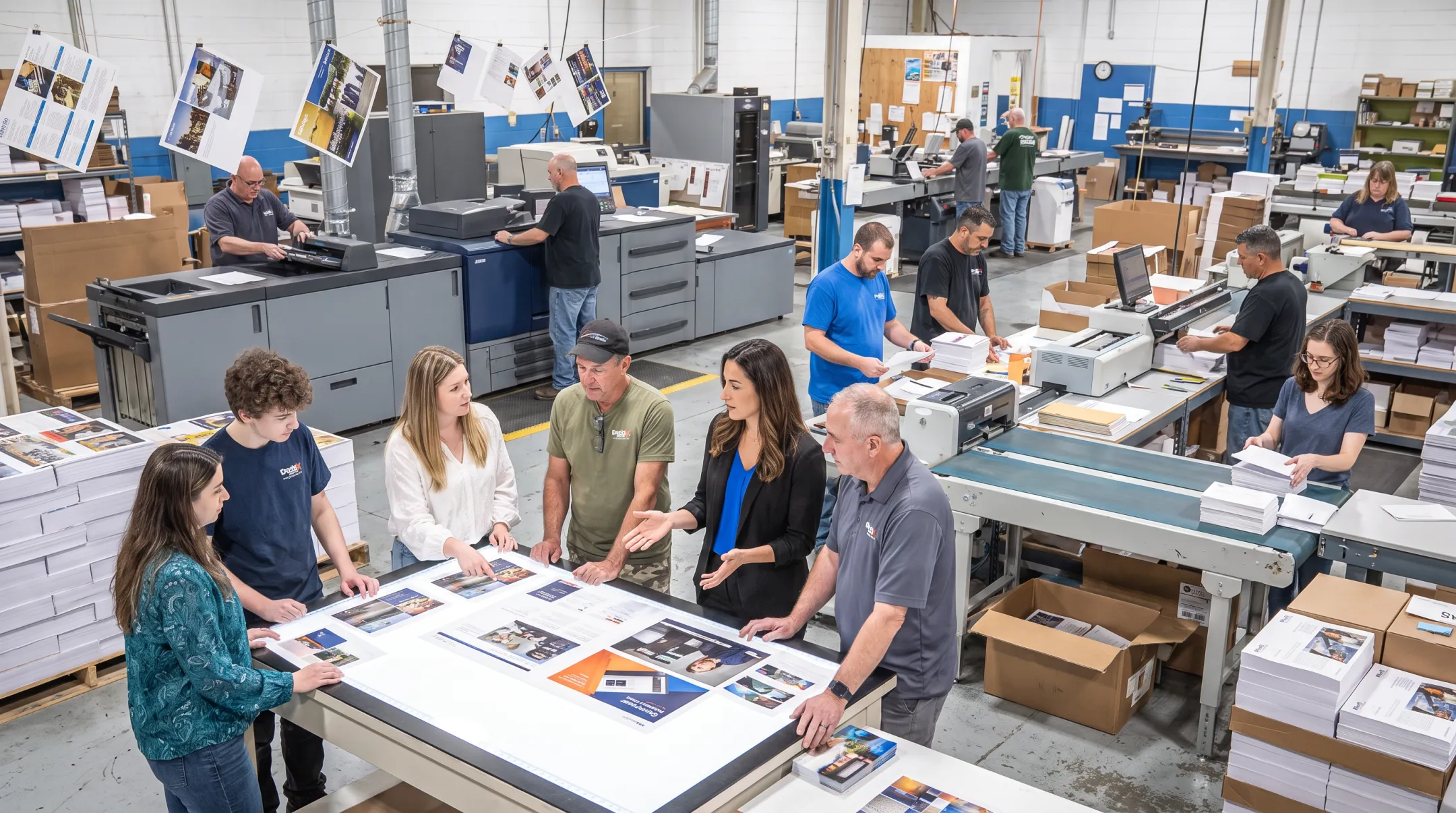 Integrated creative print and mailing team coordinating production workflow