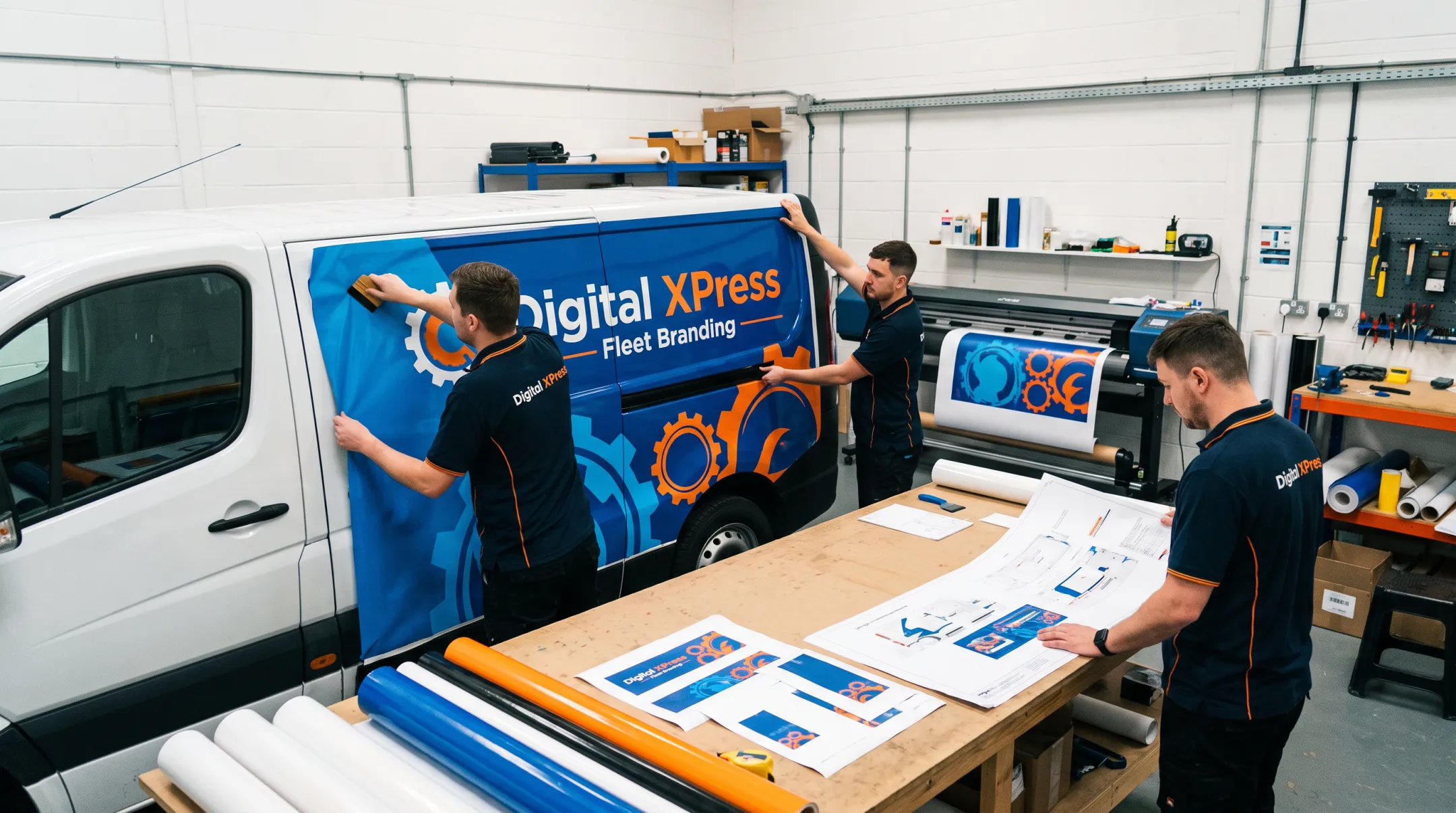 Digital XPress team installing branded vehicle wrap graphics