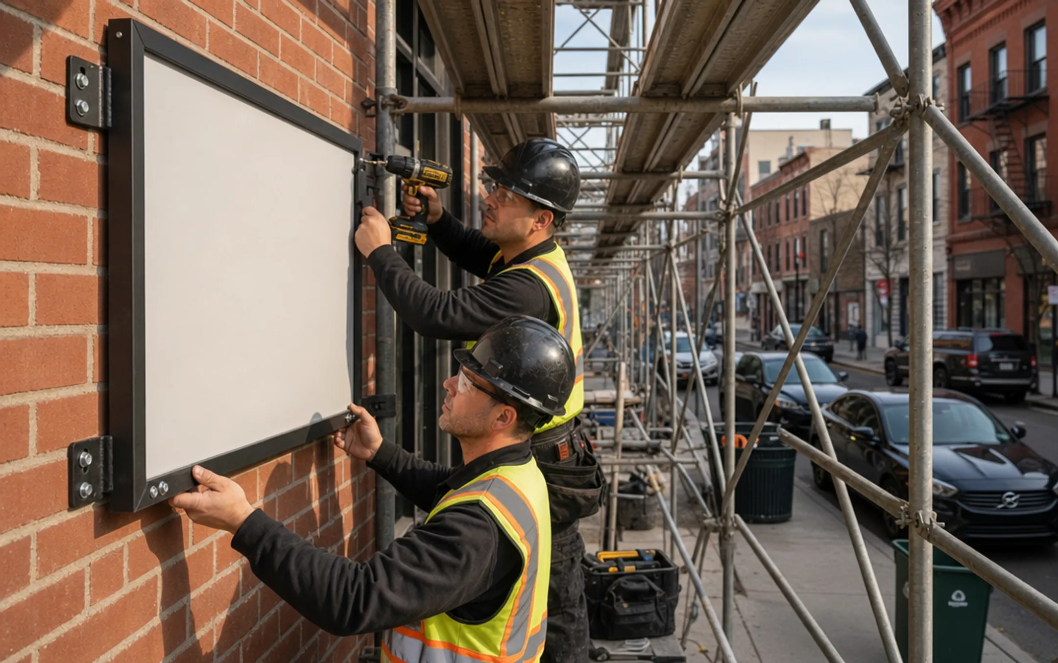 Technician mounting outdoor sign with stakes frame and wall hardware