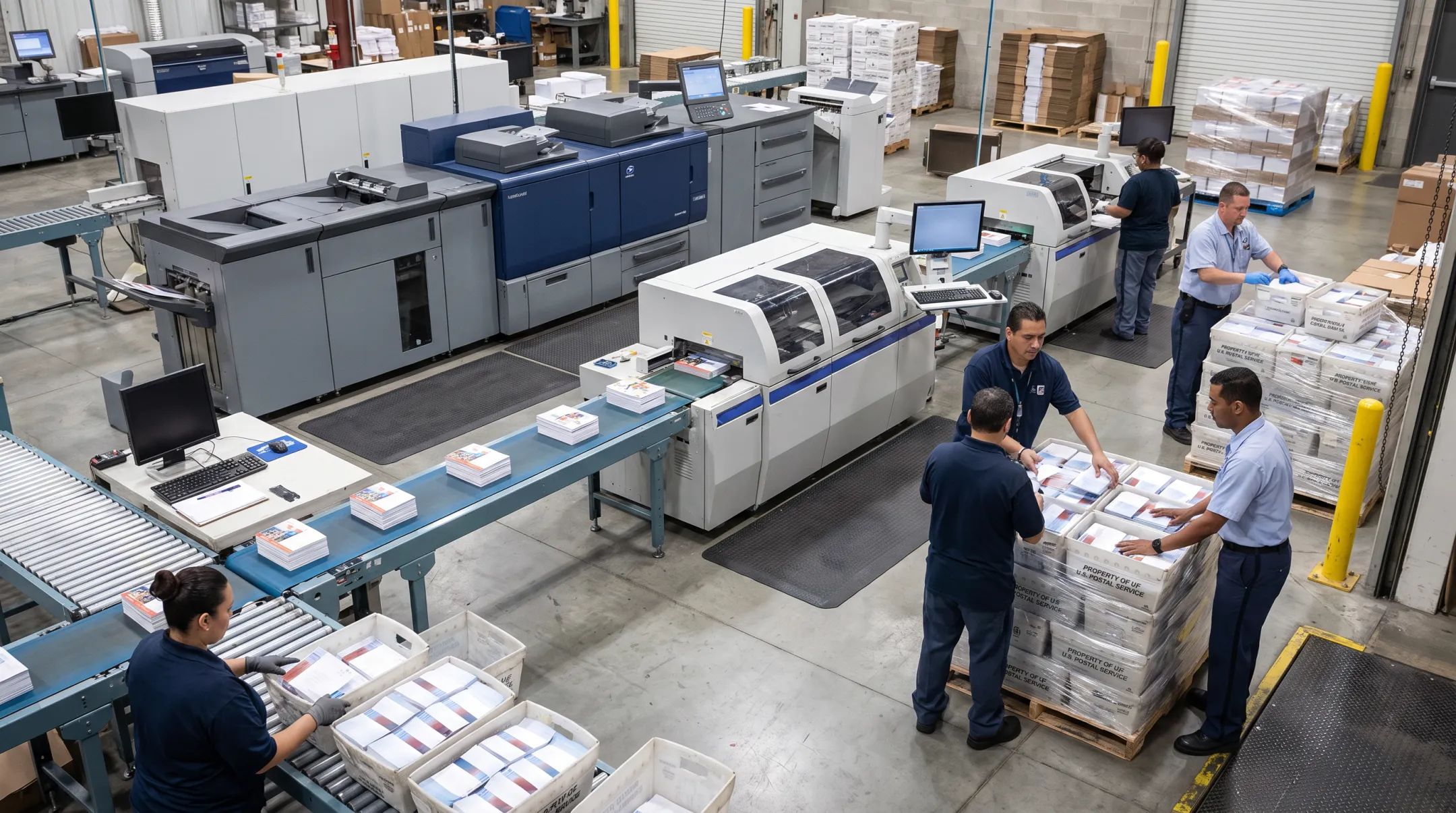 Company postcard printing and USPS mailing operation with production staff