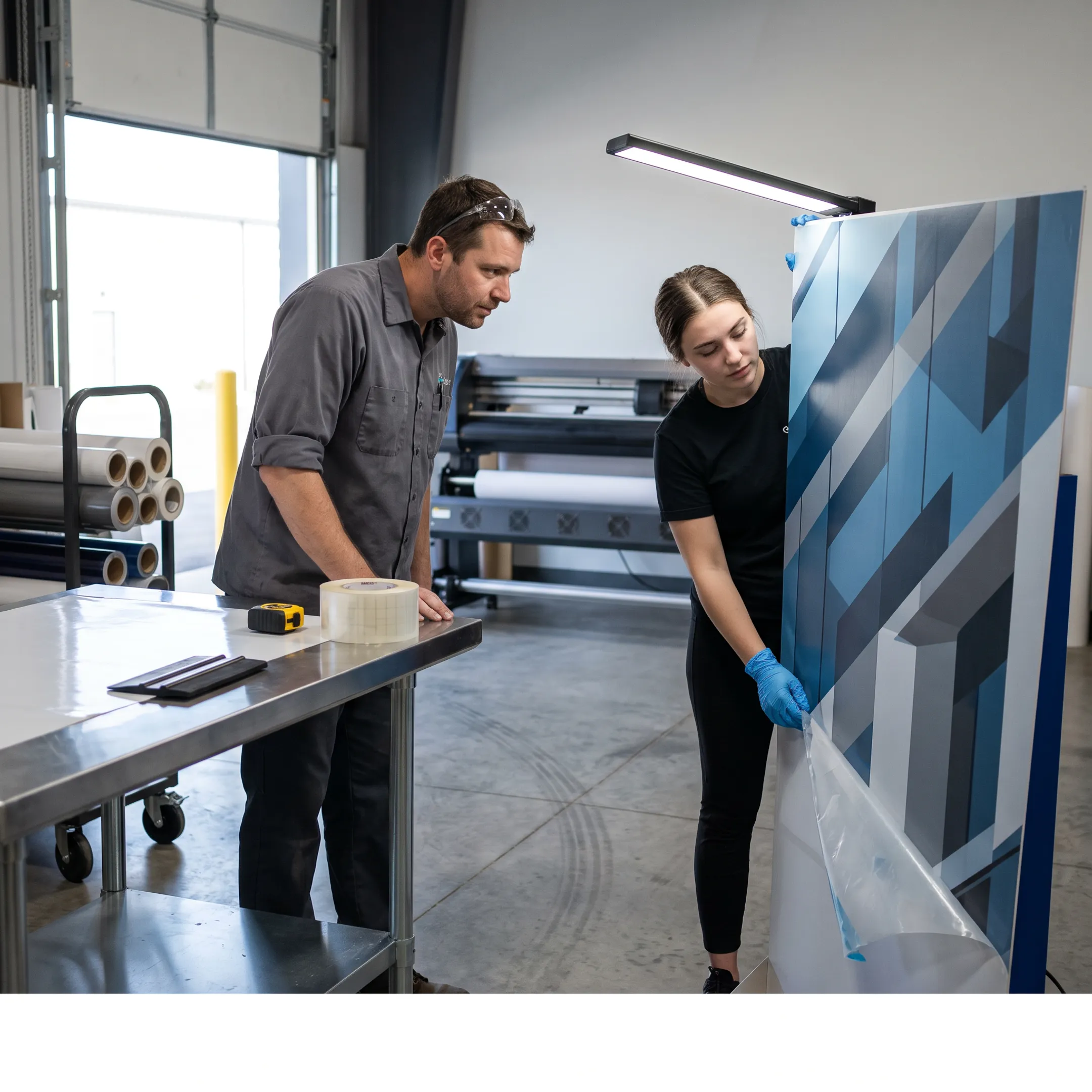 Large format team preparing custom printed building graphics