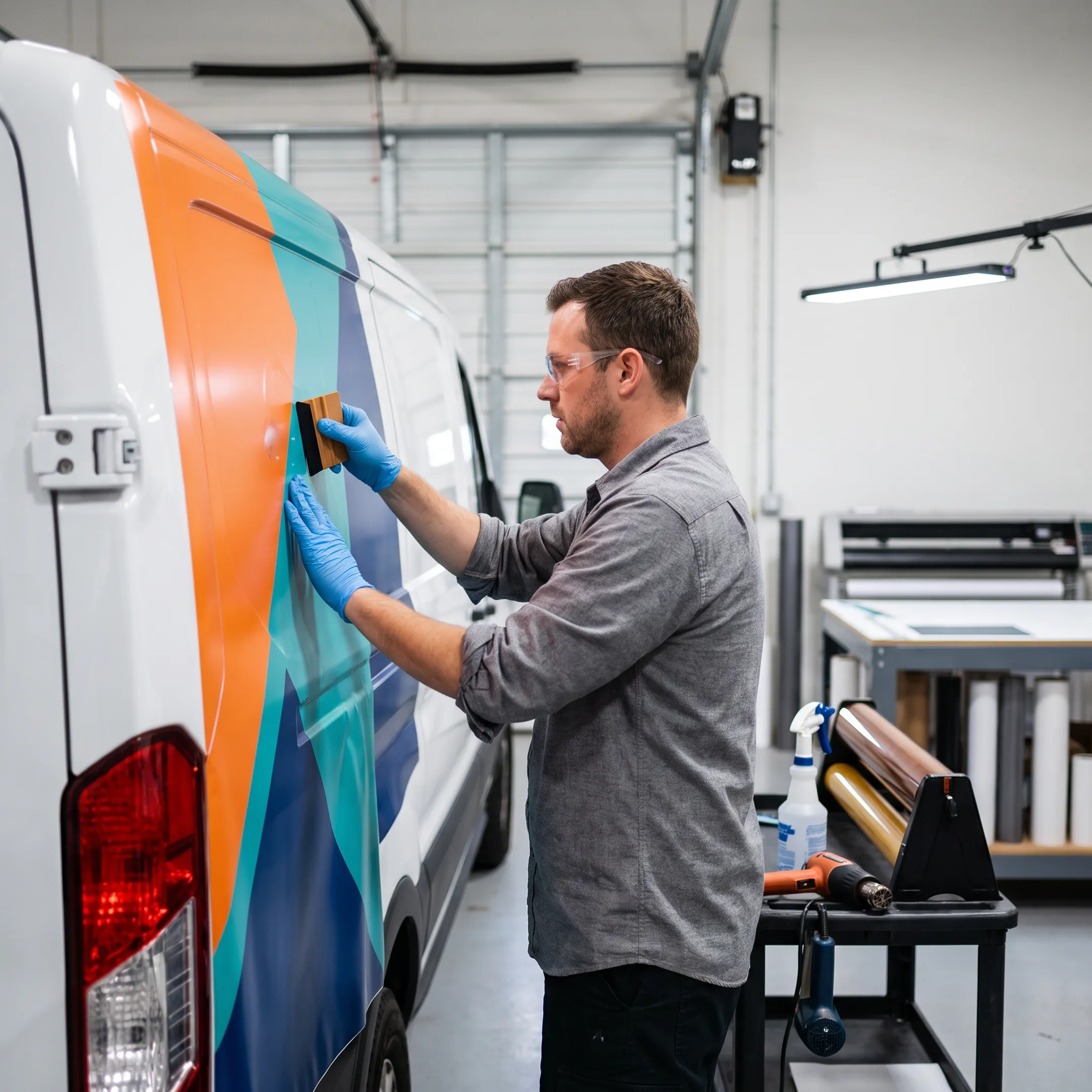 Technician installing branded vinyl graphics on a commercial vehicle