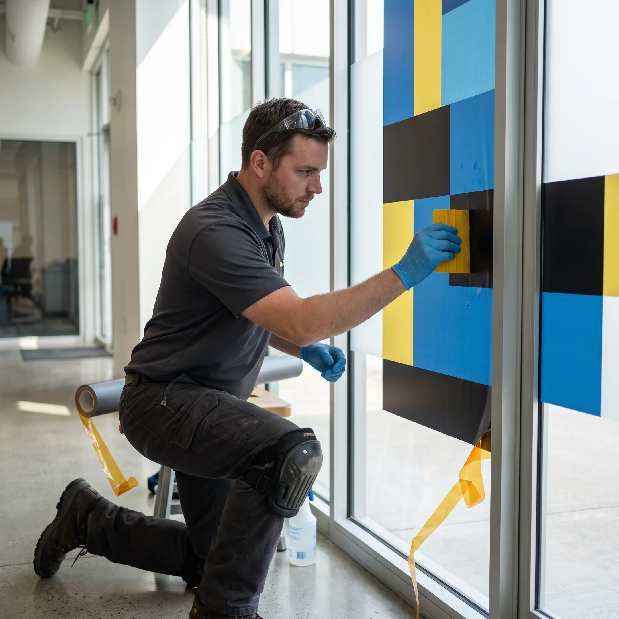 Installer applying a custom vinyl decal to commercial window glass