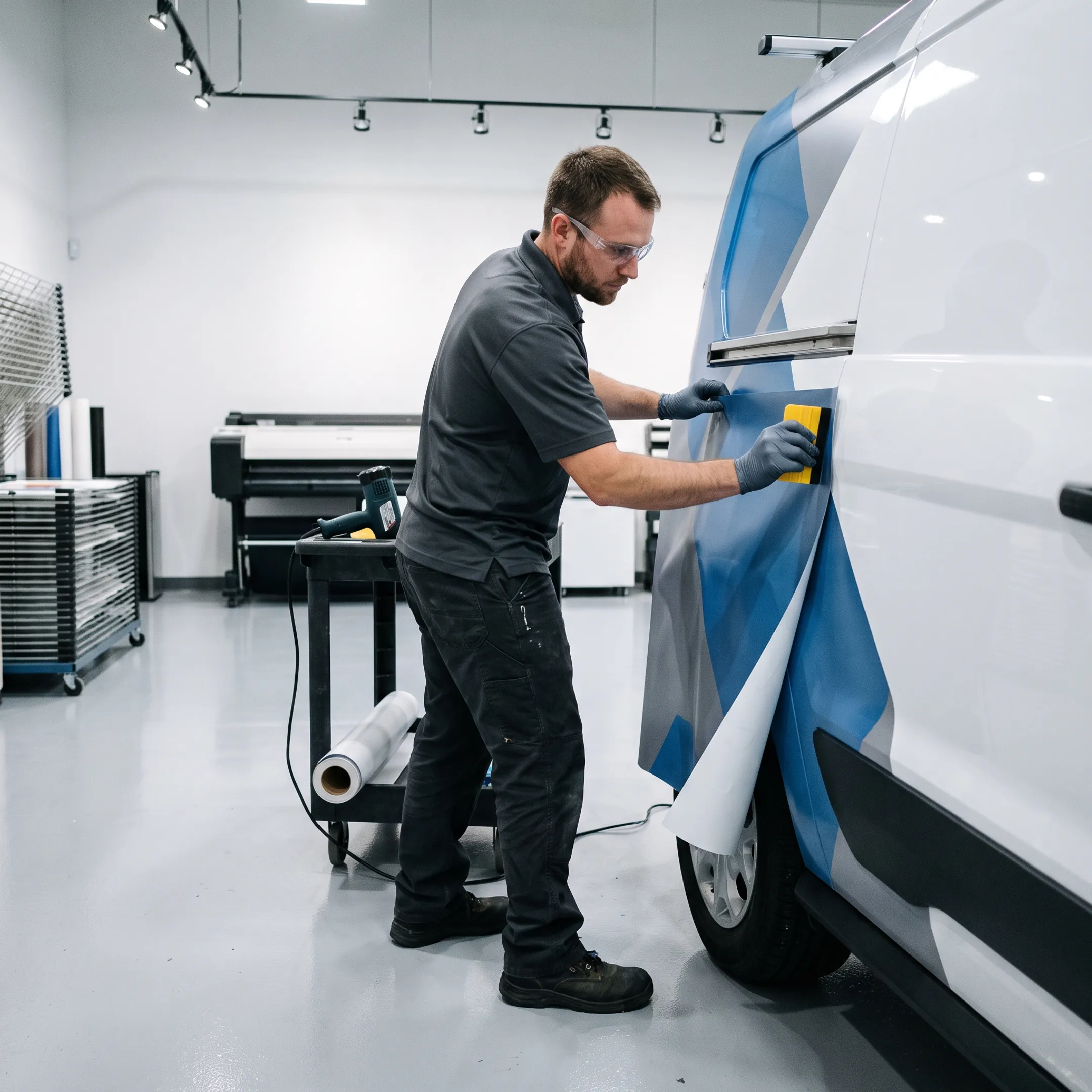 Technician installing custom graphics on a commercial vehicle
