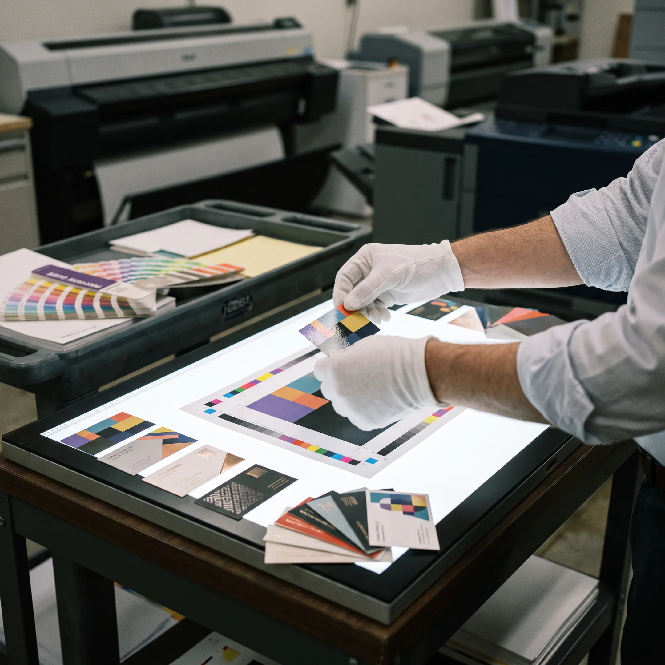 Printed business cards being reviewed during production