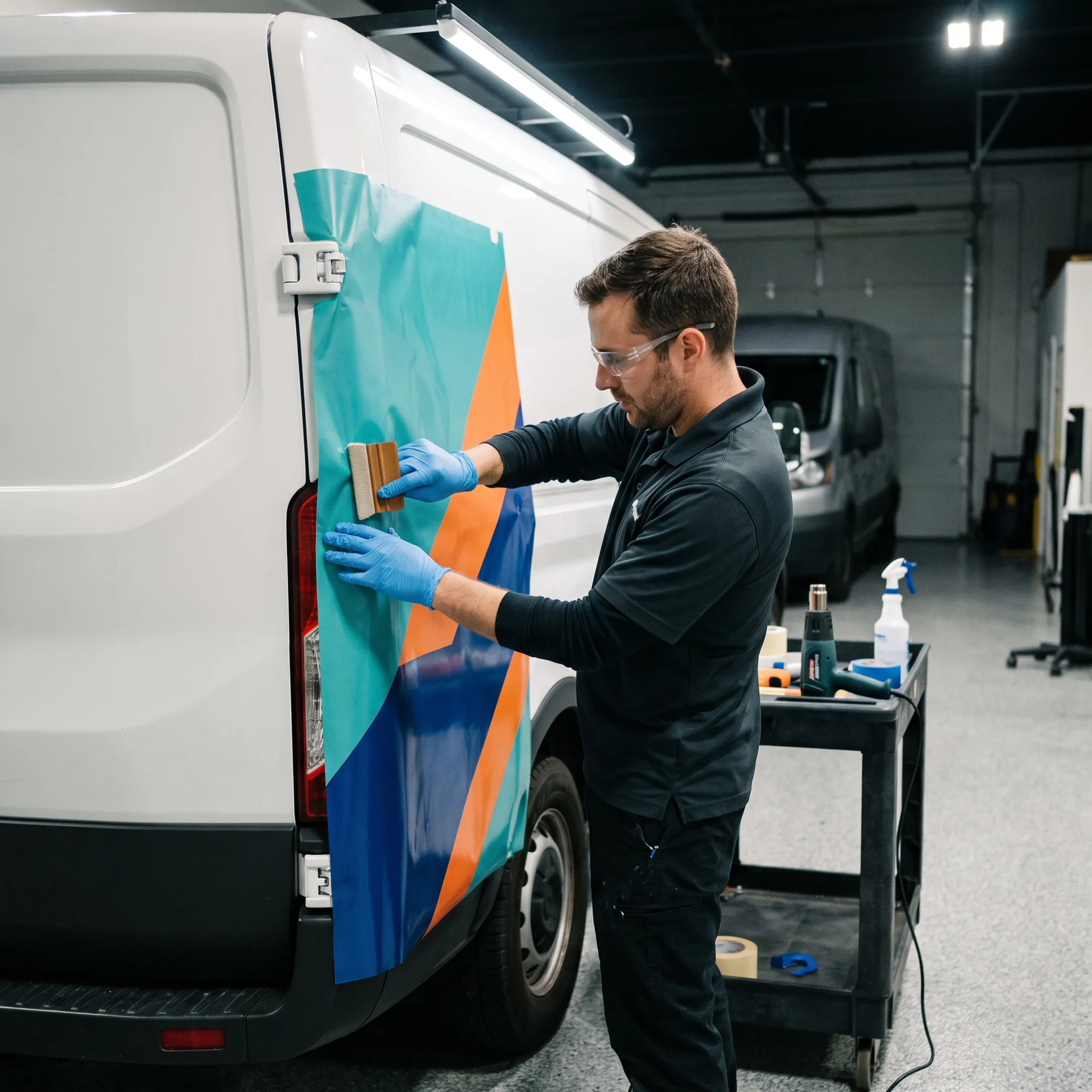 Installer applying custom vinyl graphics to a branded van