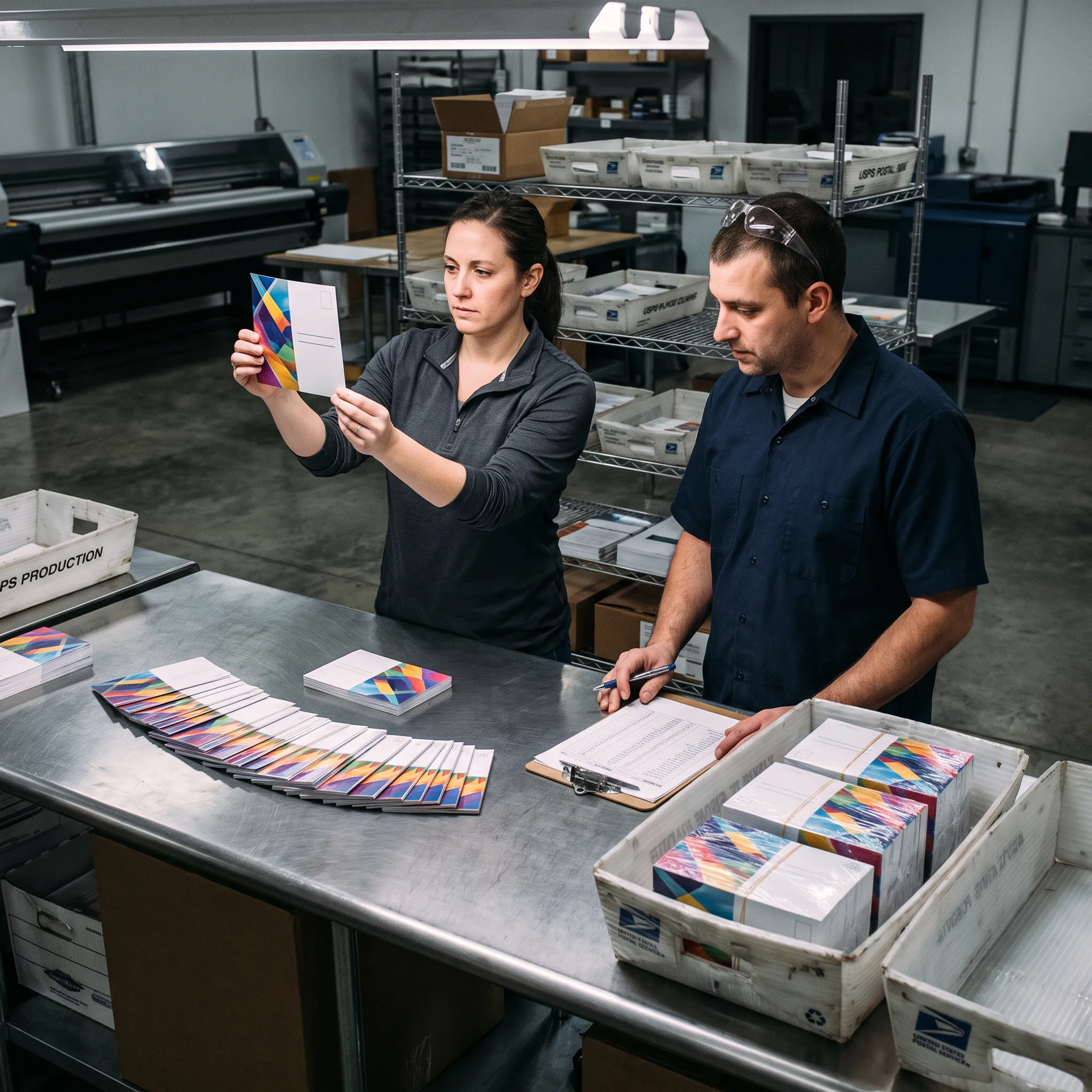EDDM postcards being reviewed before USPS processing