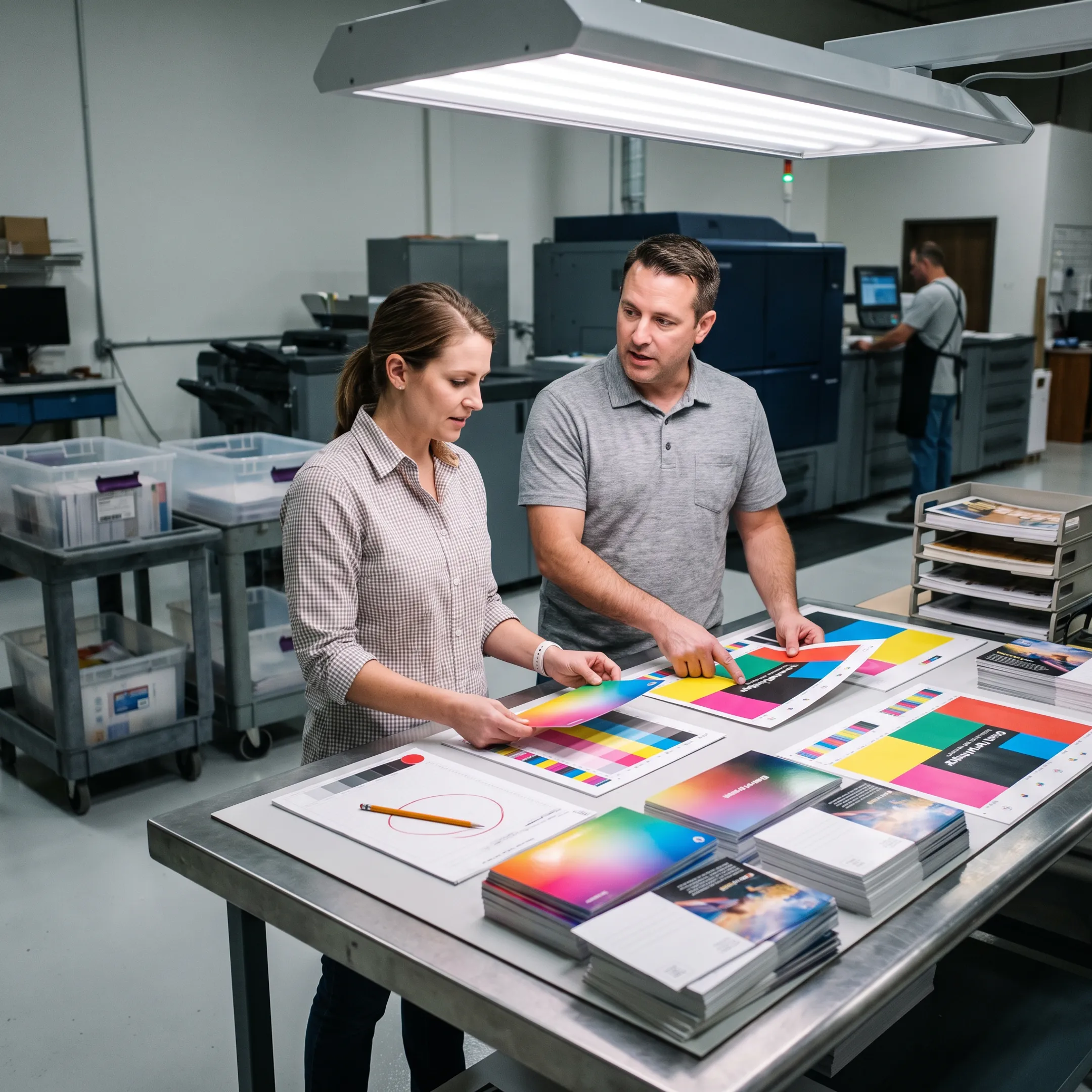 Large colorful jumbo postcard campaign being reviewed beside printed mailing materials