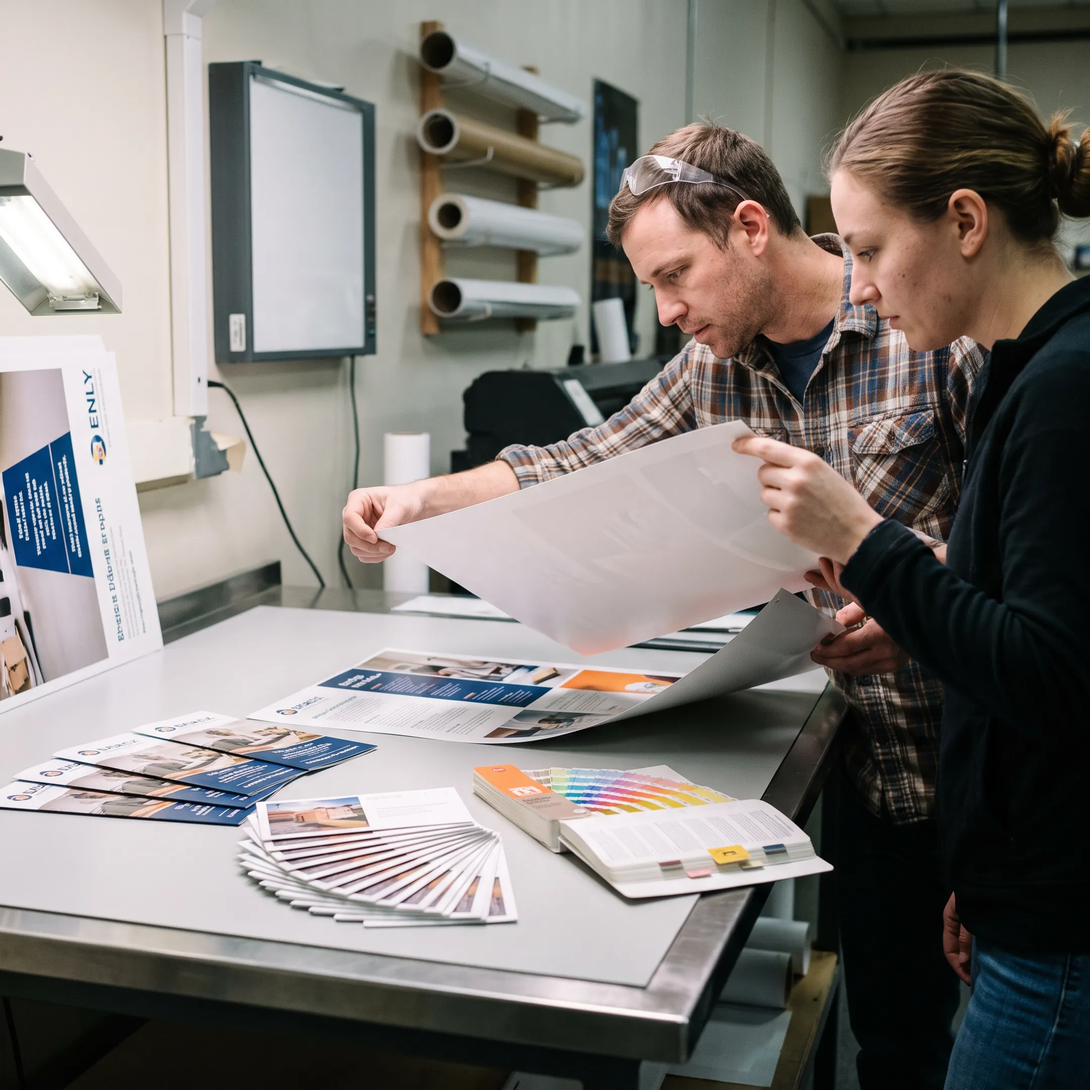 Print specialists reviewing custom marketing materials and large format graphics