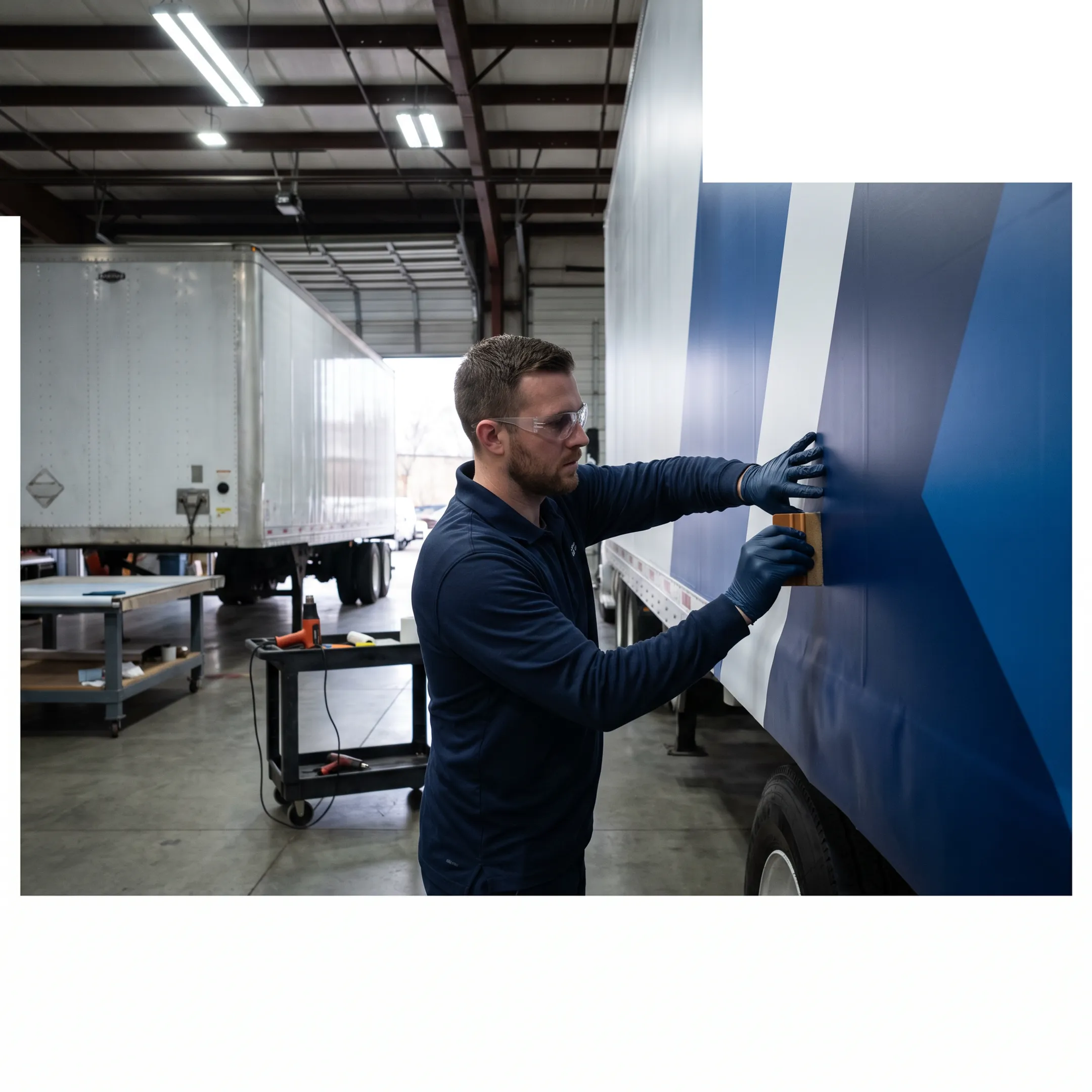 Technician installing vinyl graphics on a semi truck