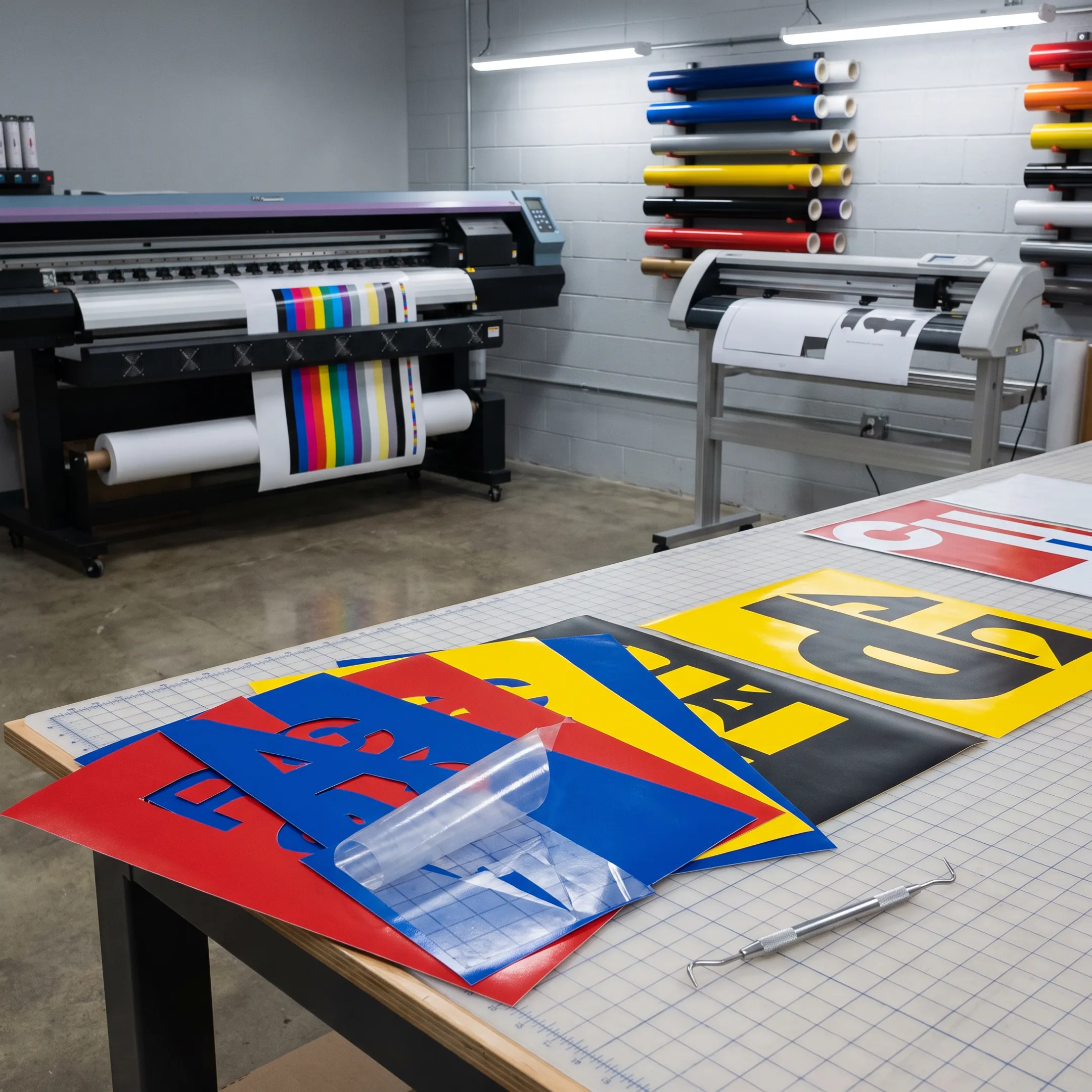 Custom vinyl graphics prepared for installation
