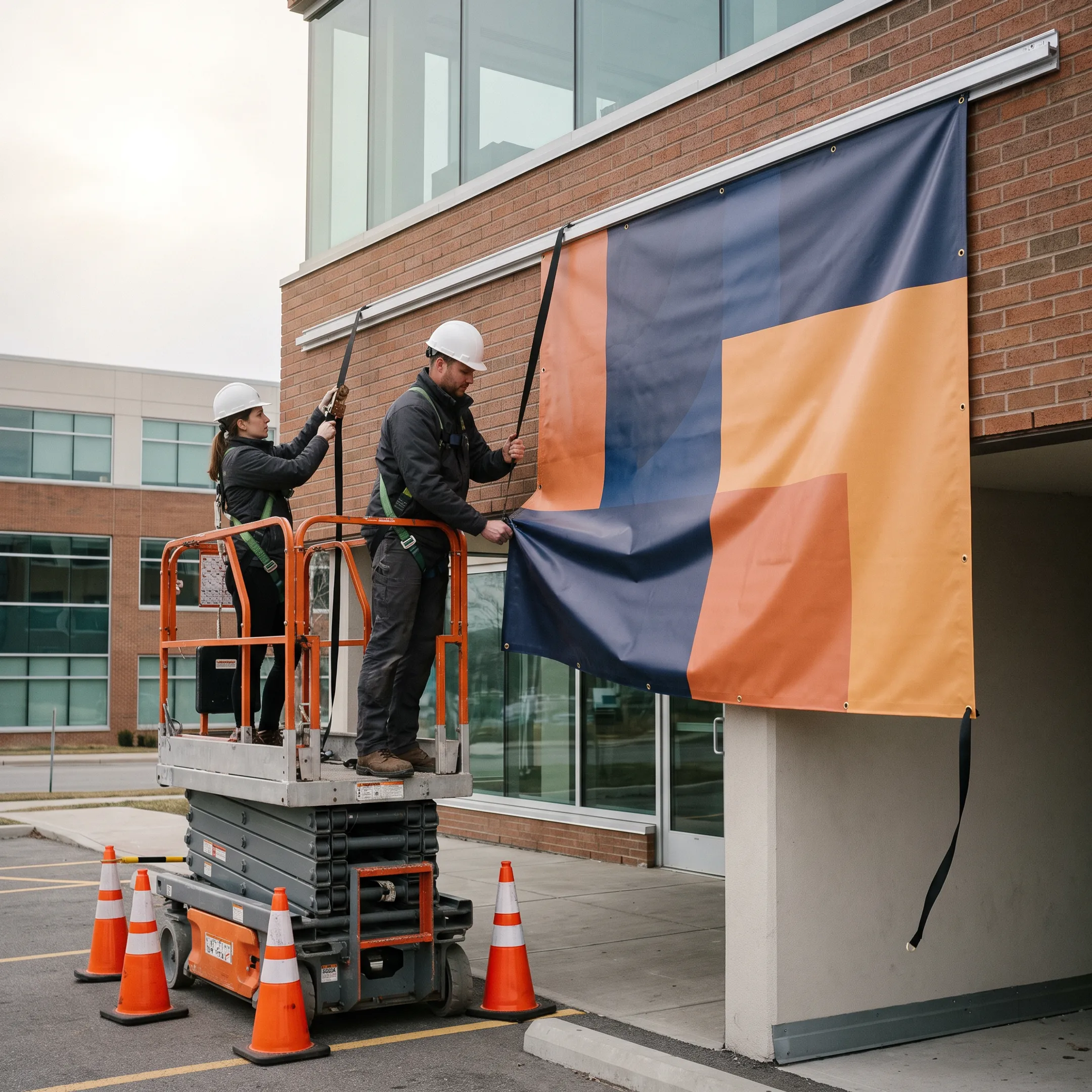 Professional team installing a printed banner on a commercial exterior