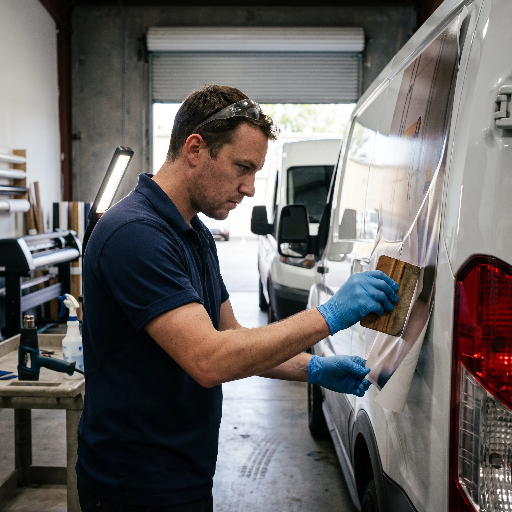 Professional applying custom vinyl graphics to a business vehicle