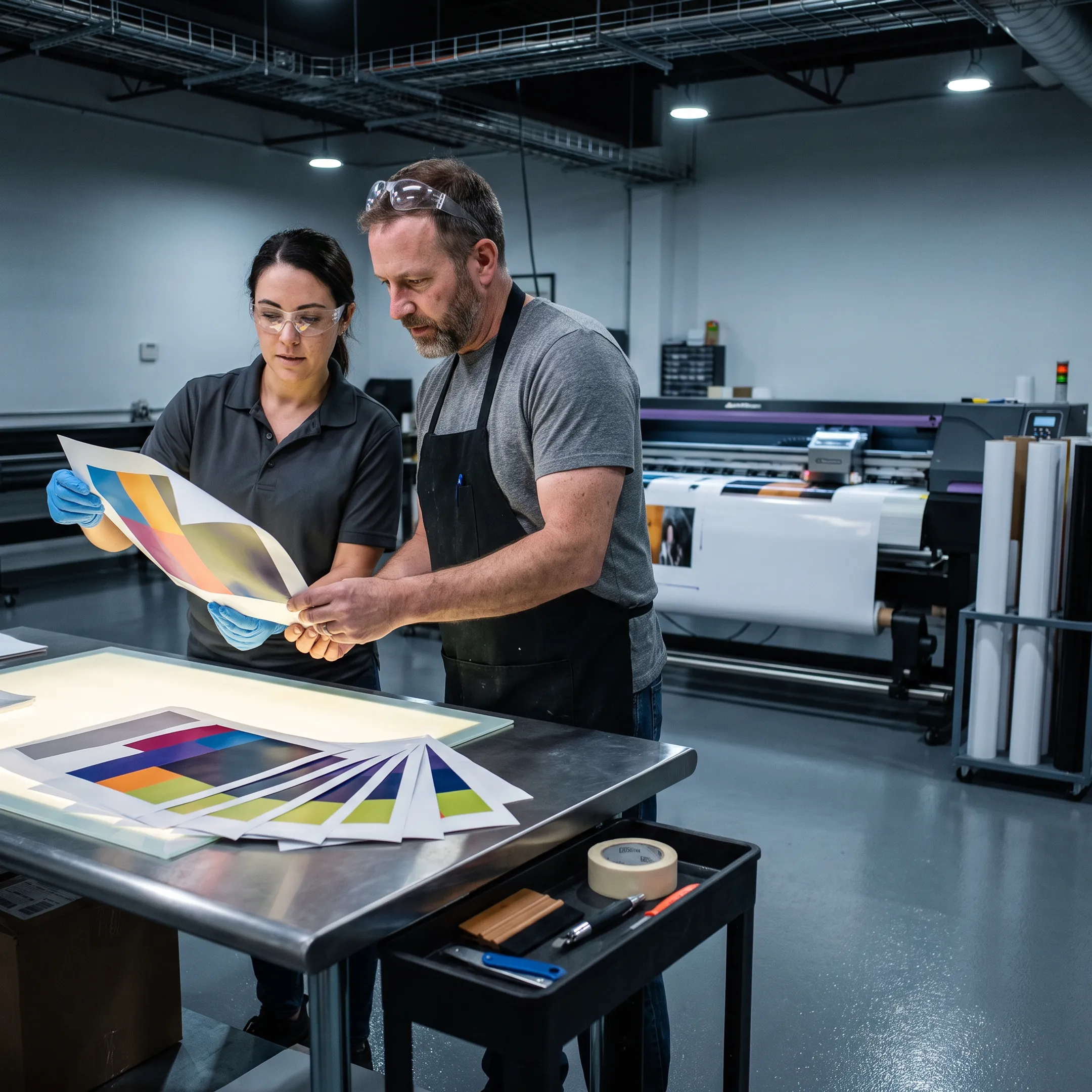 Printed vinyl decals being inspected during production