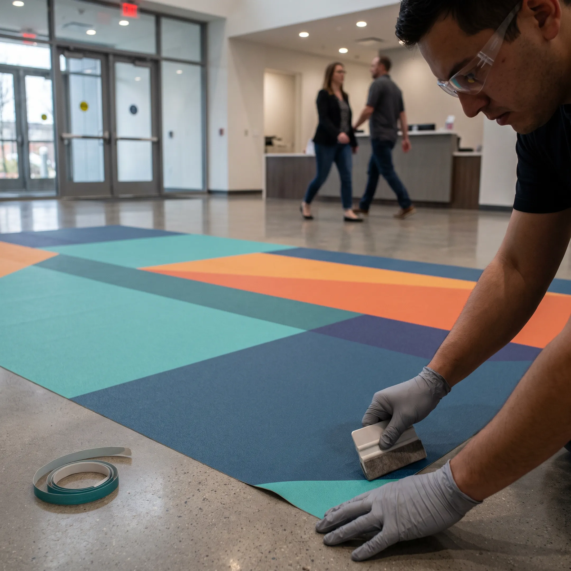 Custom branded floor graphics installed in a commercial interior