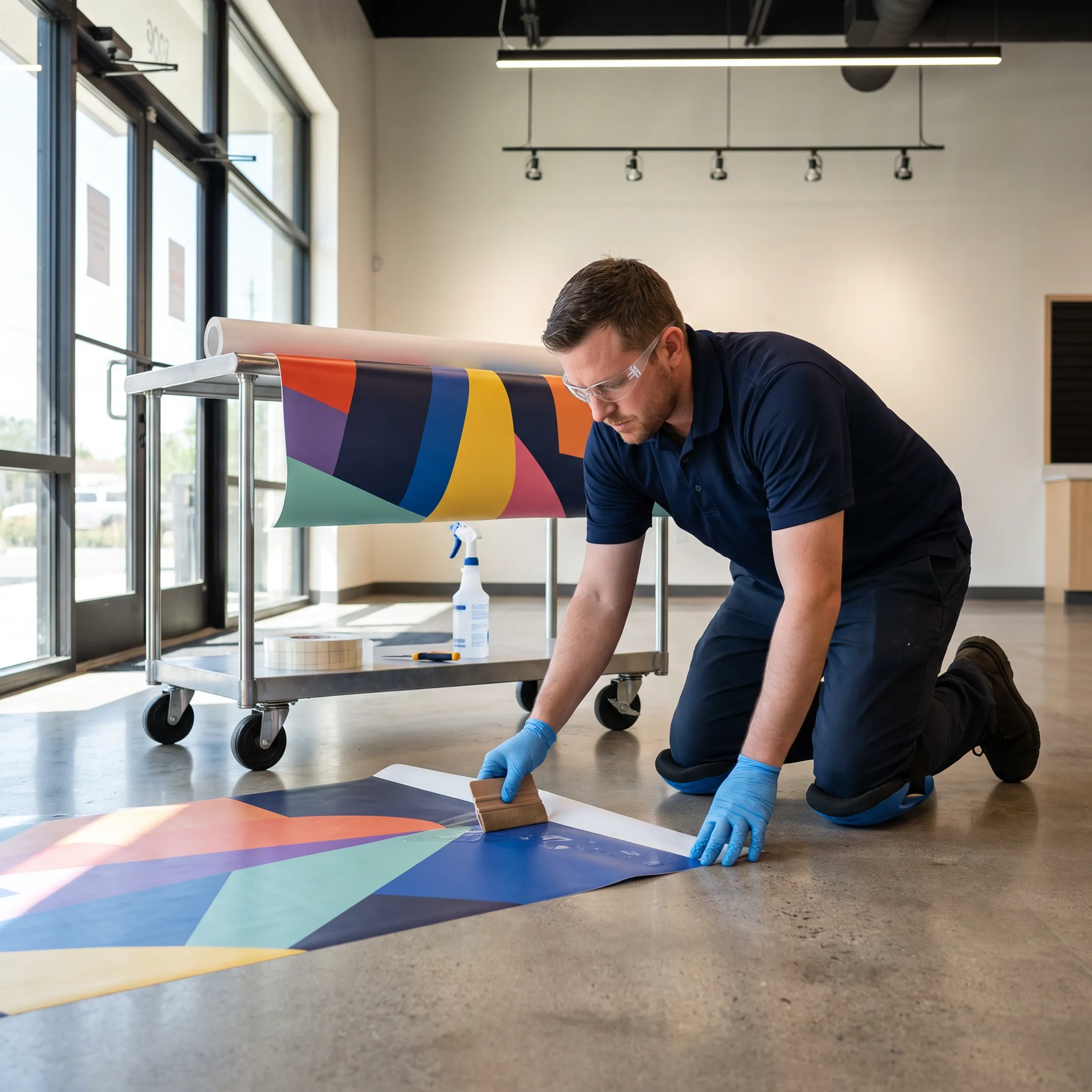 Installer applying a custom graphic to a commercial floor