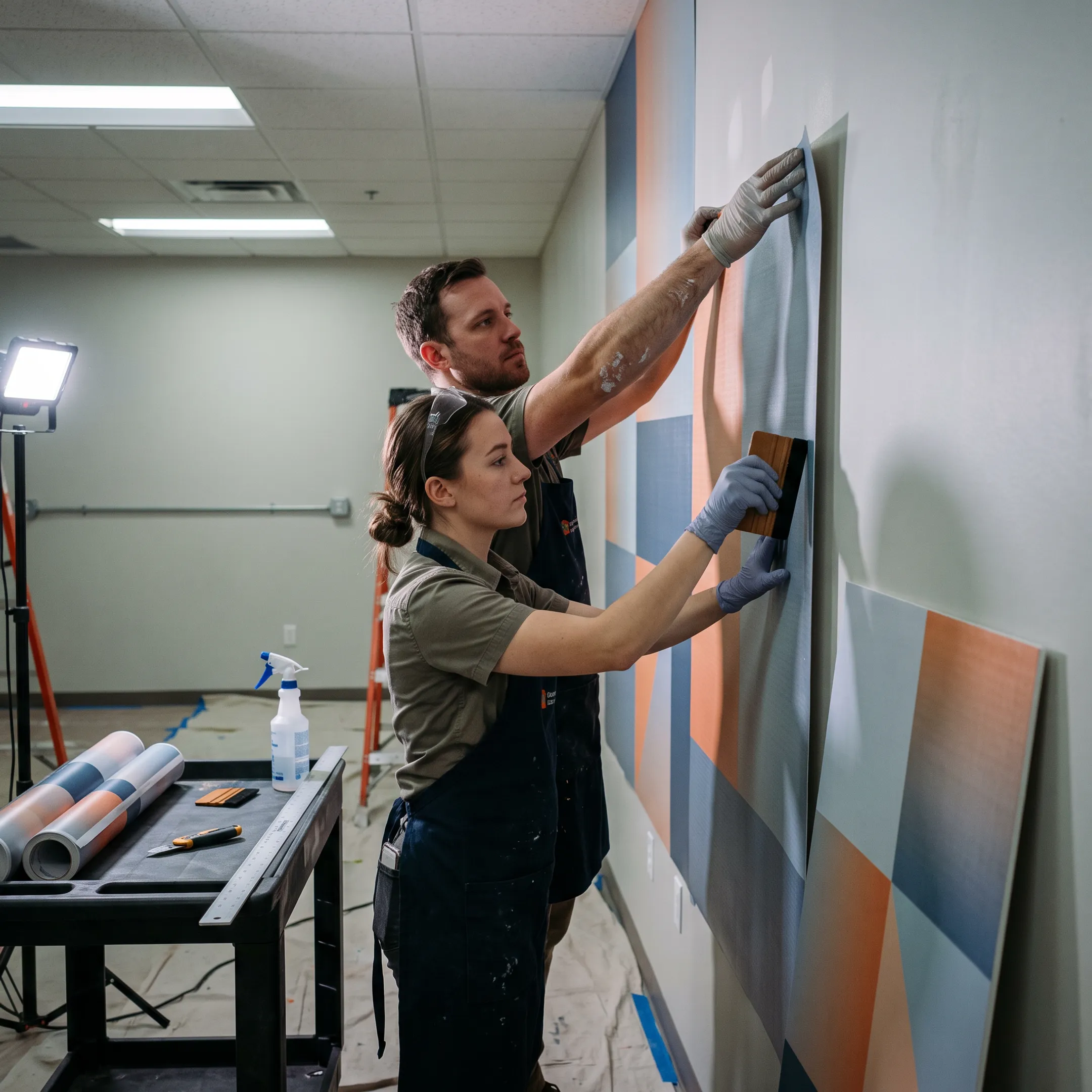 Large format custom wallpaper graphics being installed in a commercial interior