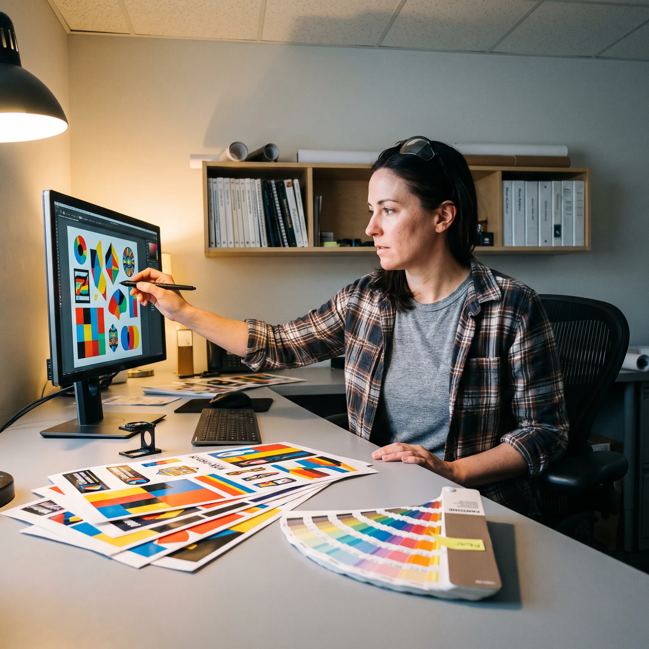 Designer reviewing custom sticker artwork before printing