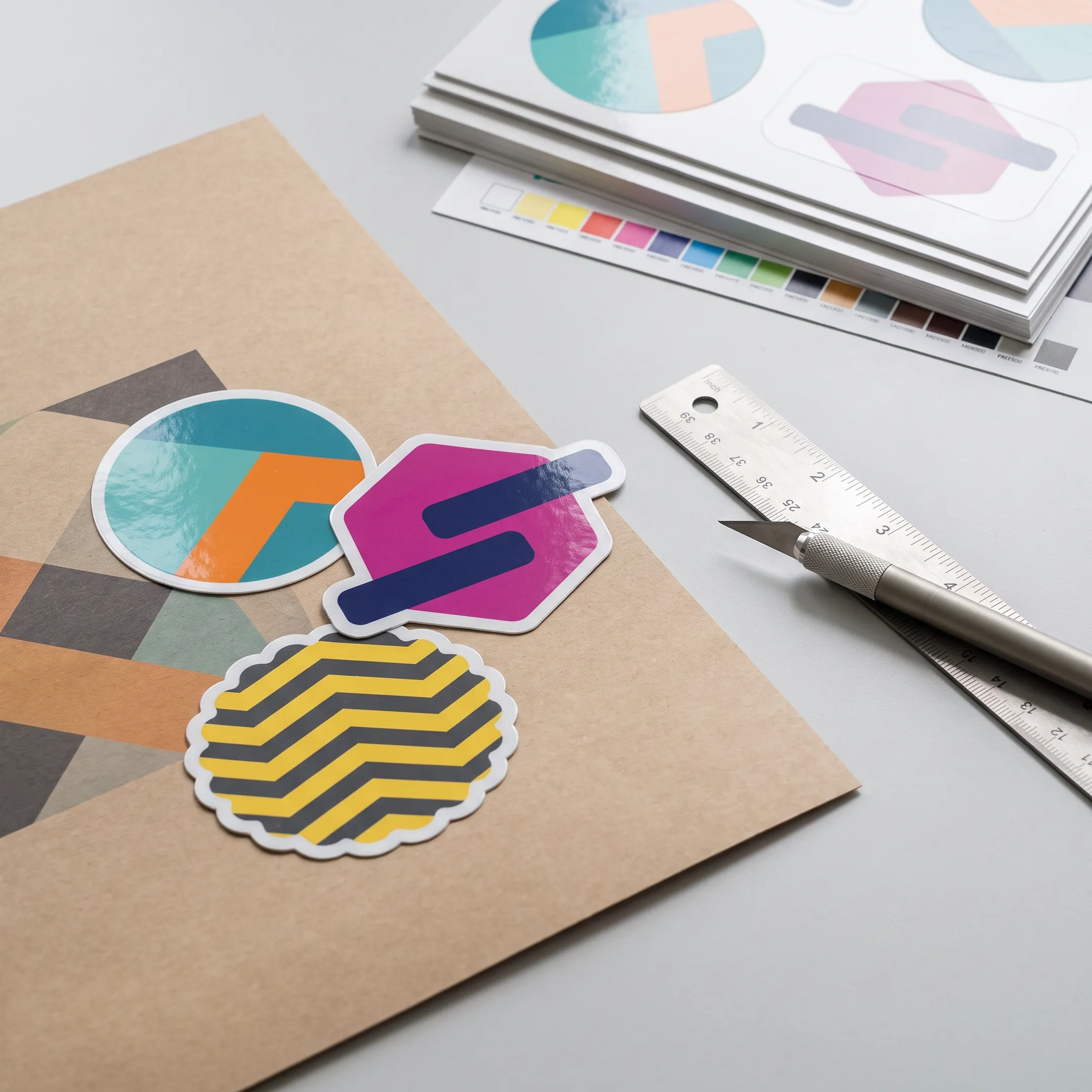 Custom branded labels and stickers arranged beside printed packaging and design materials