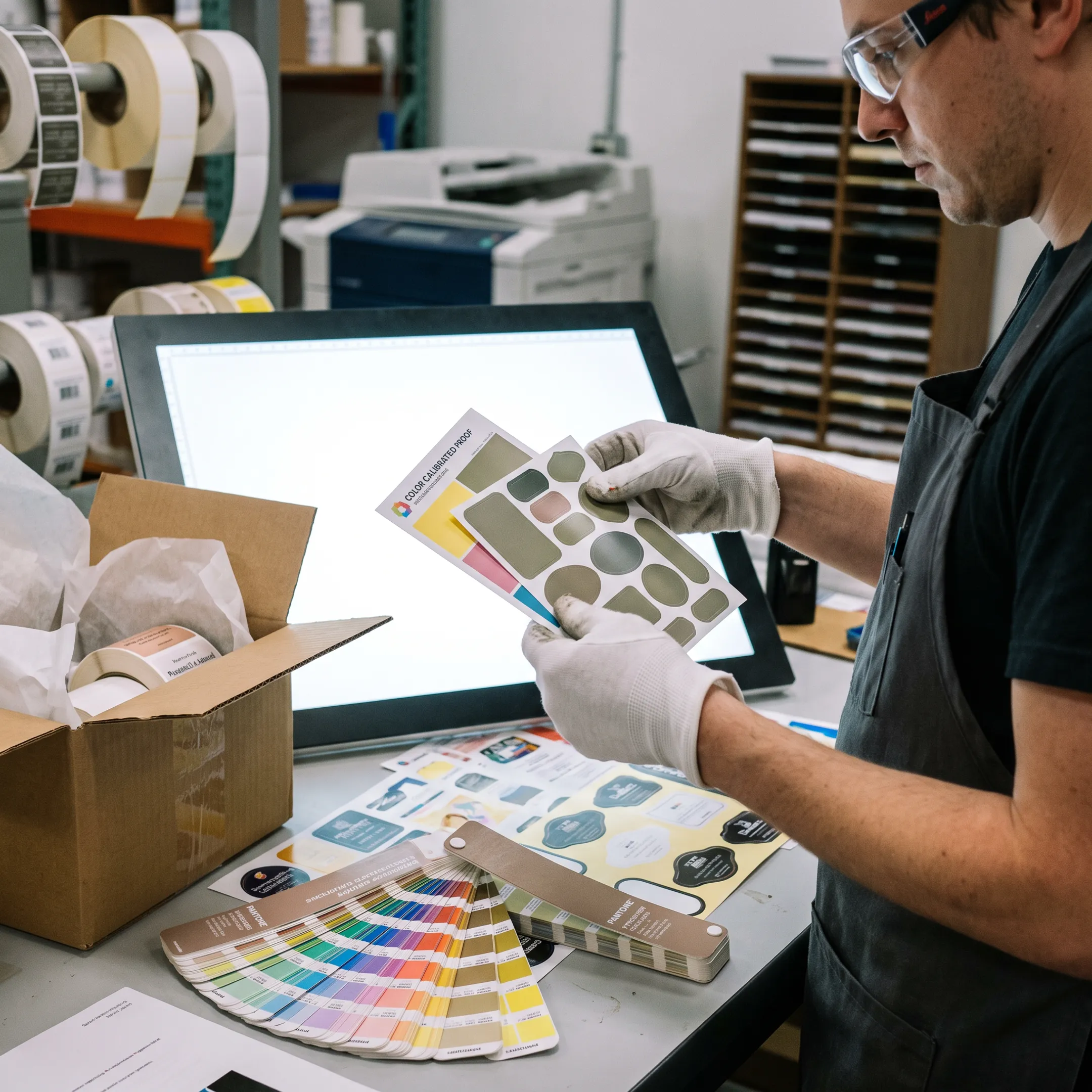 Designer reviewing custom sticker artwork beside printed label samples
