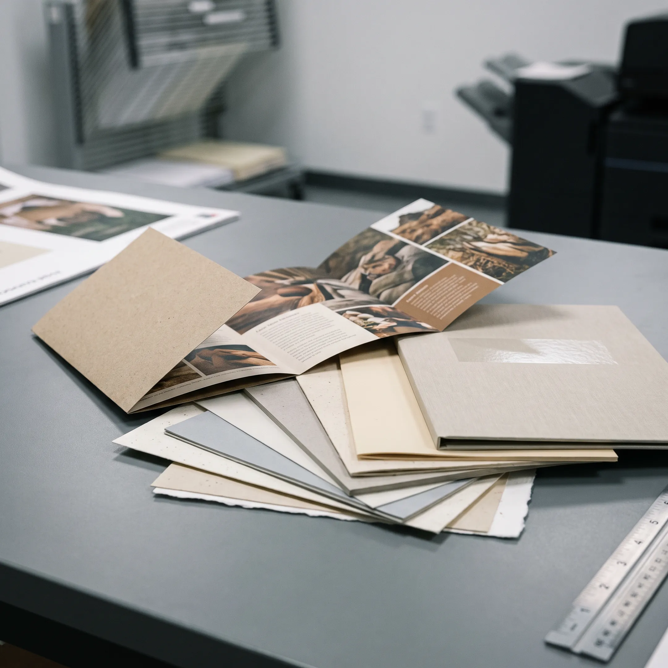 Sustainable printed brochures and paper samples arranged beside eco-friendly packaging