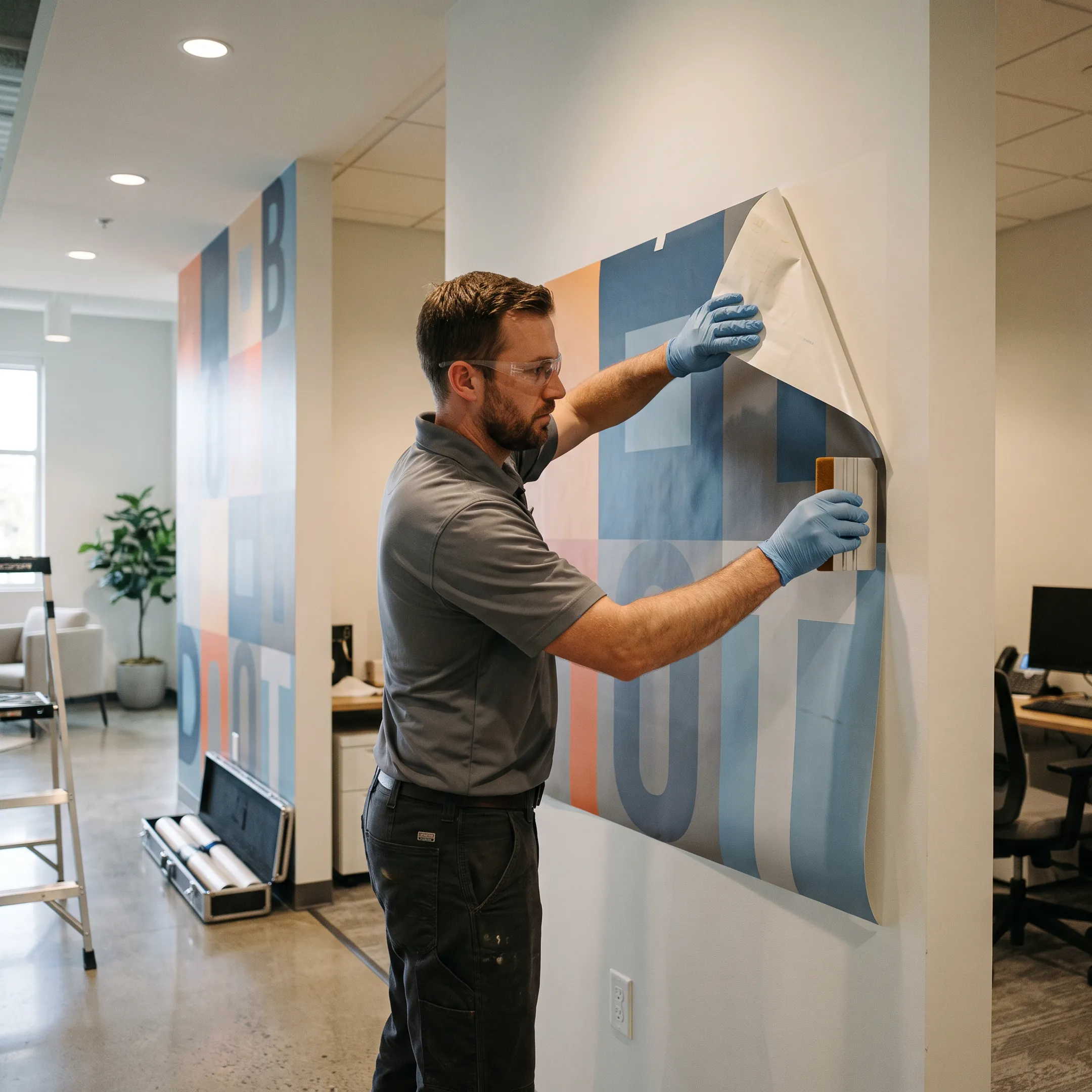Custom branded vinyl graphics displayed across an office wall