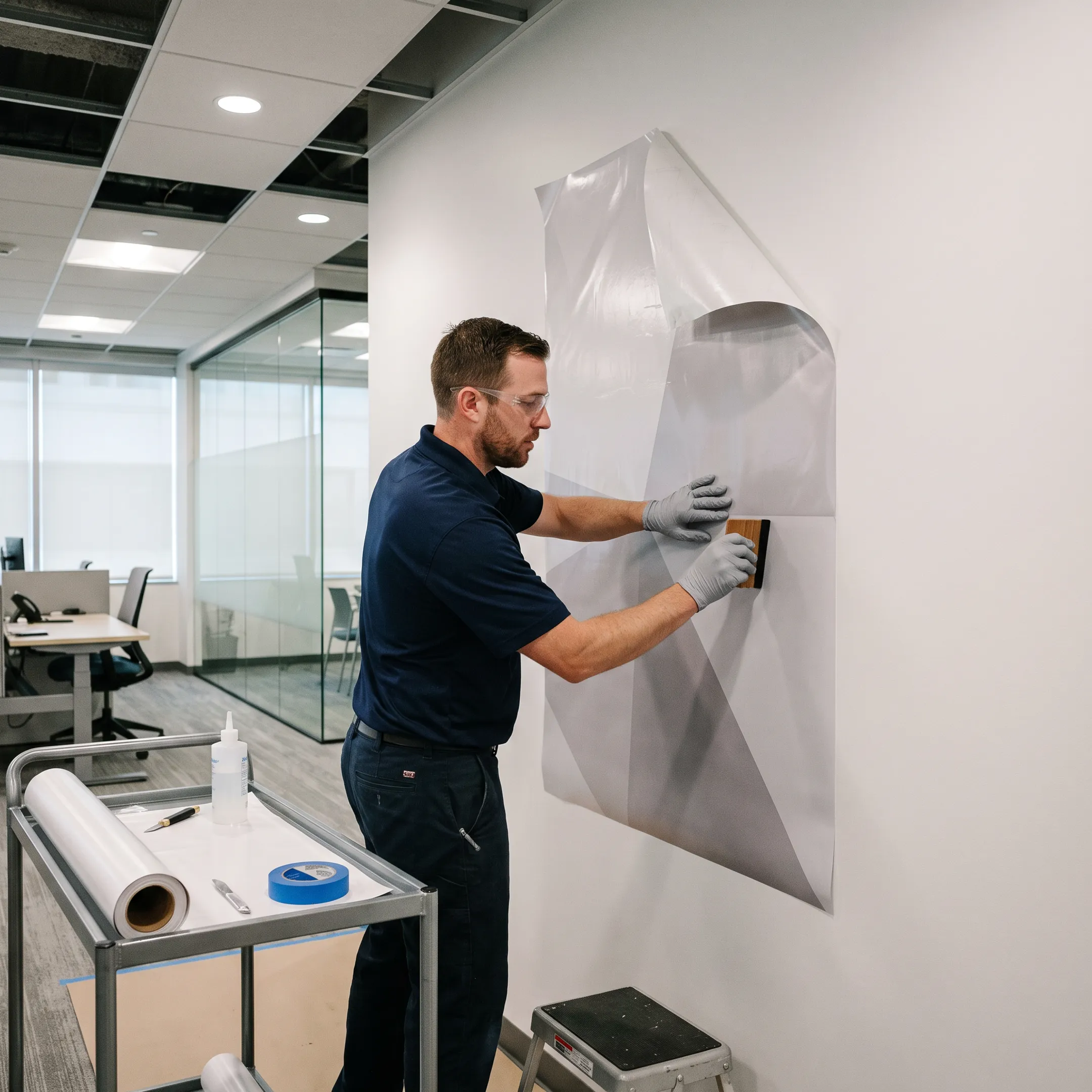 Custom vinyl wall decal being installed in a branded business interior