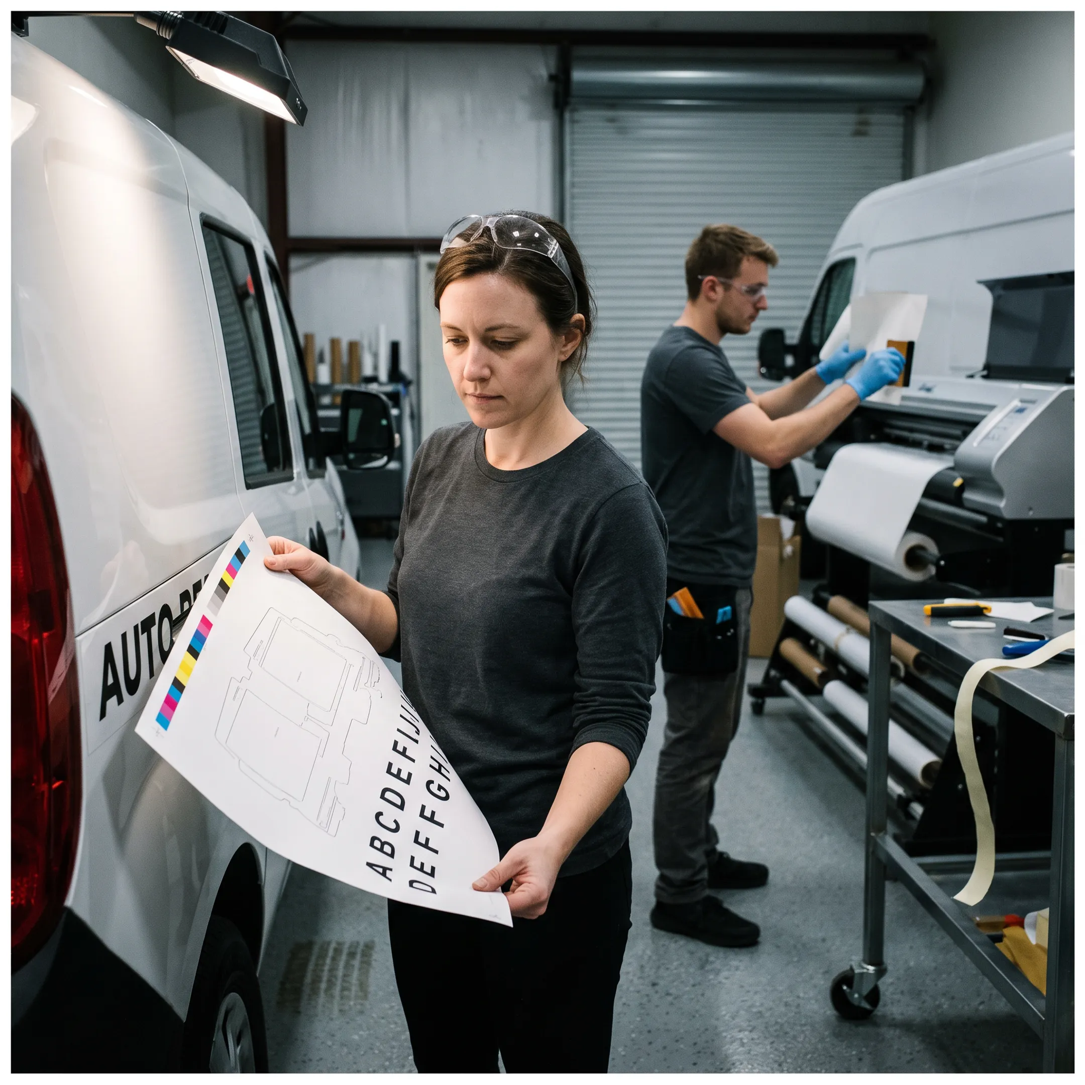 Designer reviewing custom vehicle lettering artwork