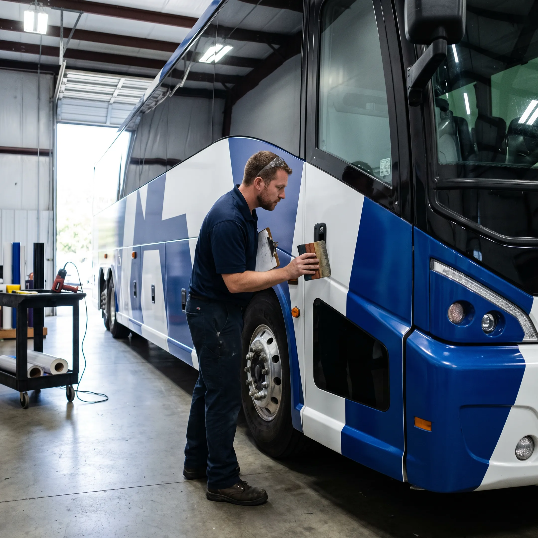 Custom branded vinyl bus wrap being inspected after installation