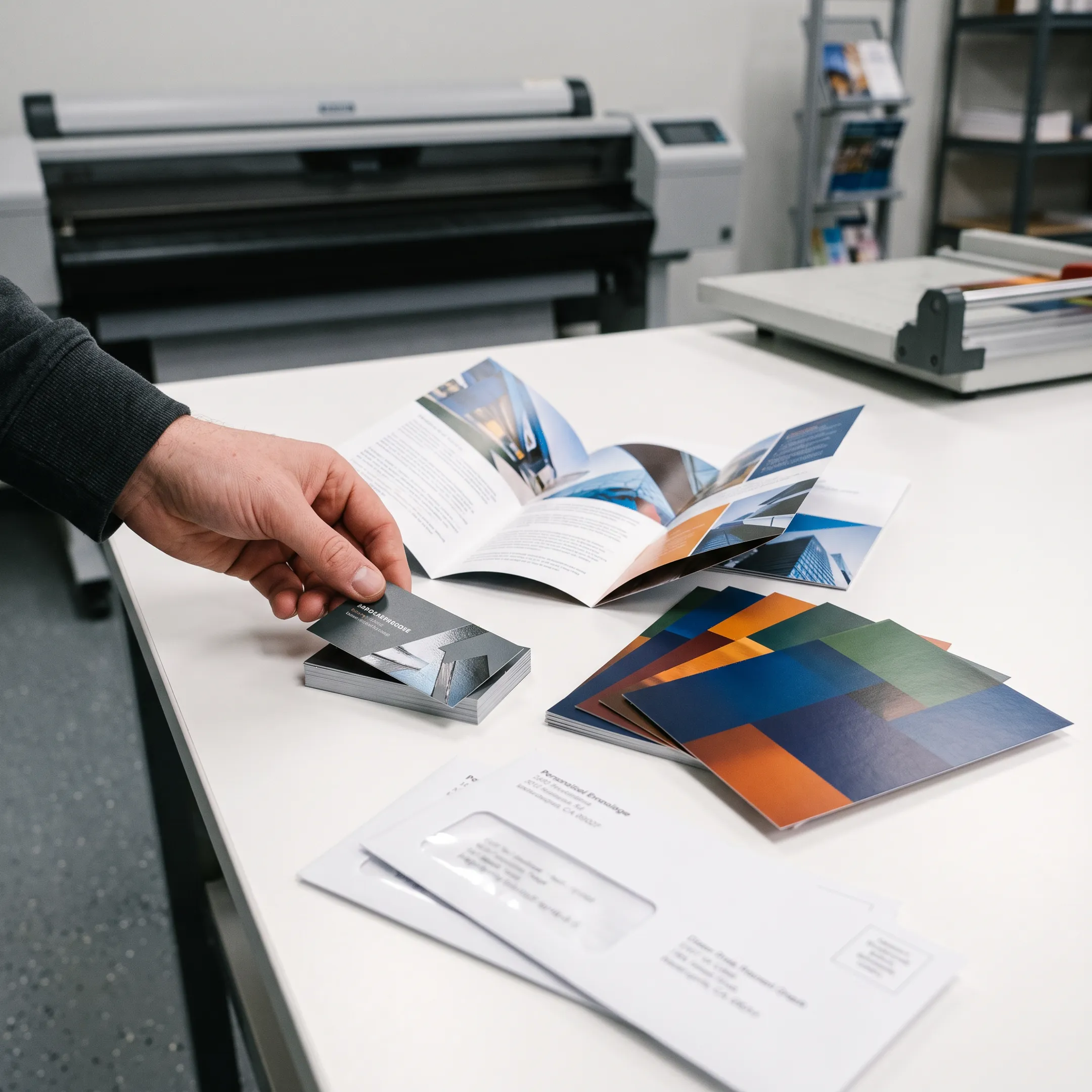 Printed brochures and postcards arranged beside a digital printing press