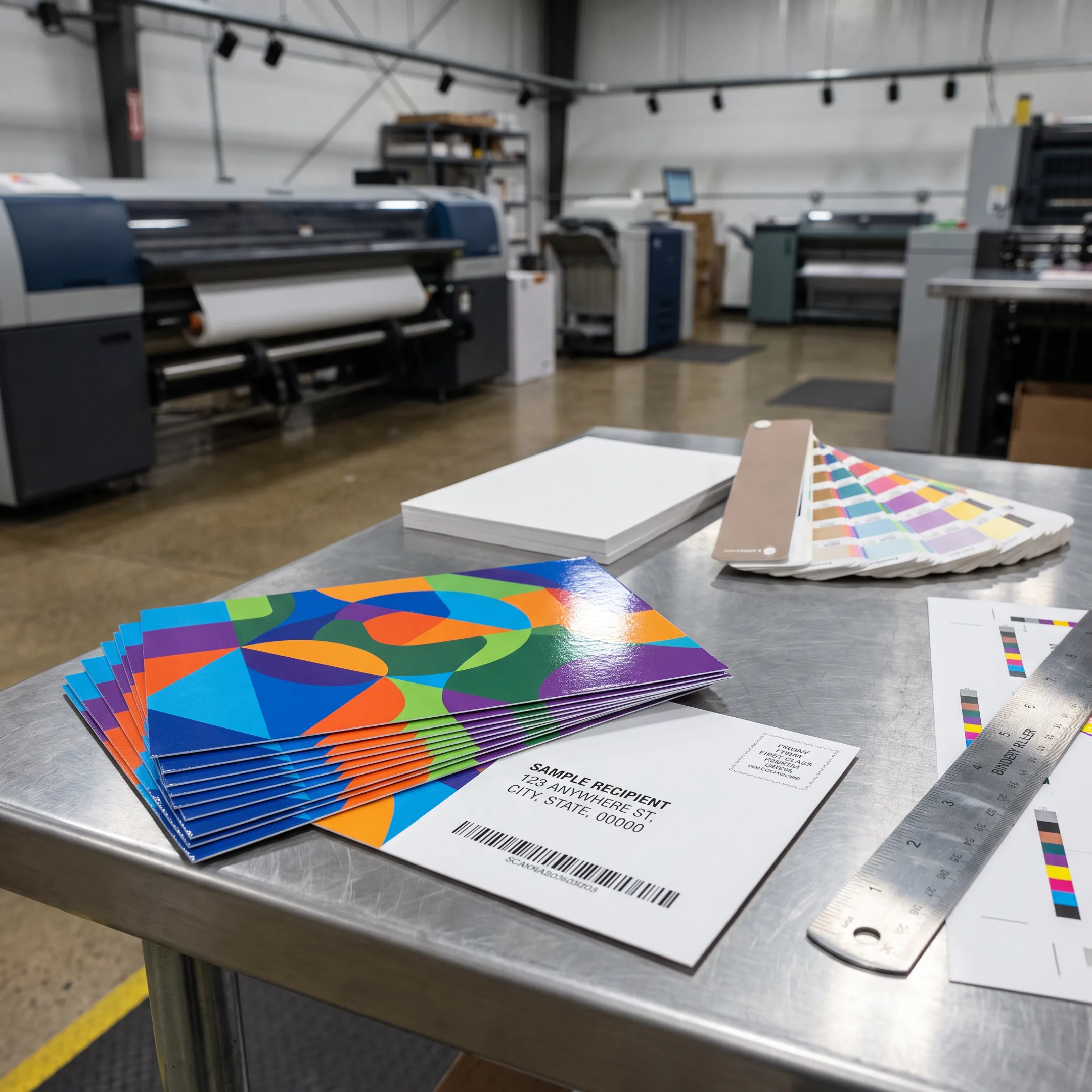 Printed custom postcards arranged for a direct mail campaign