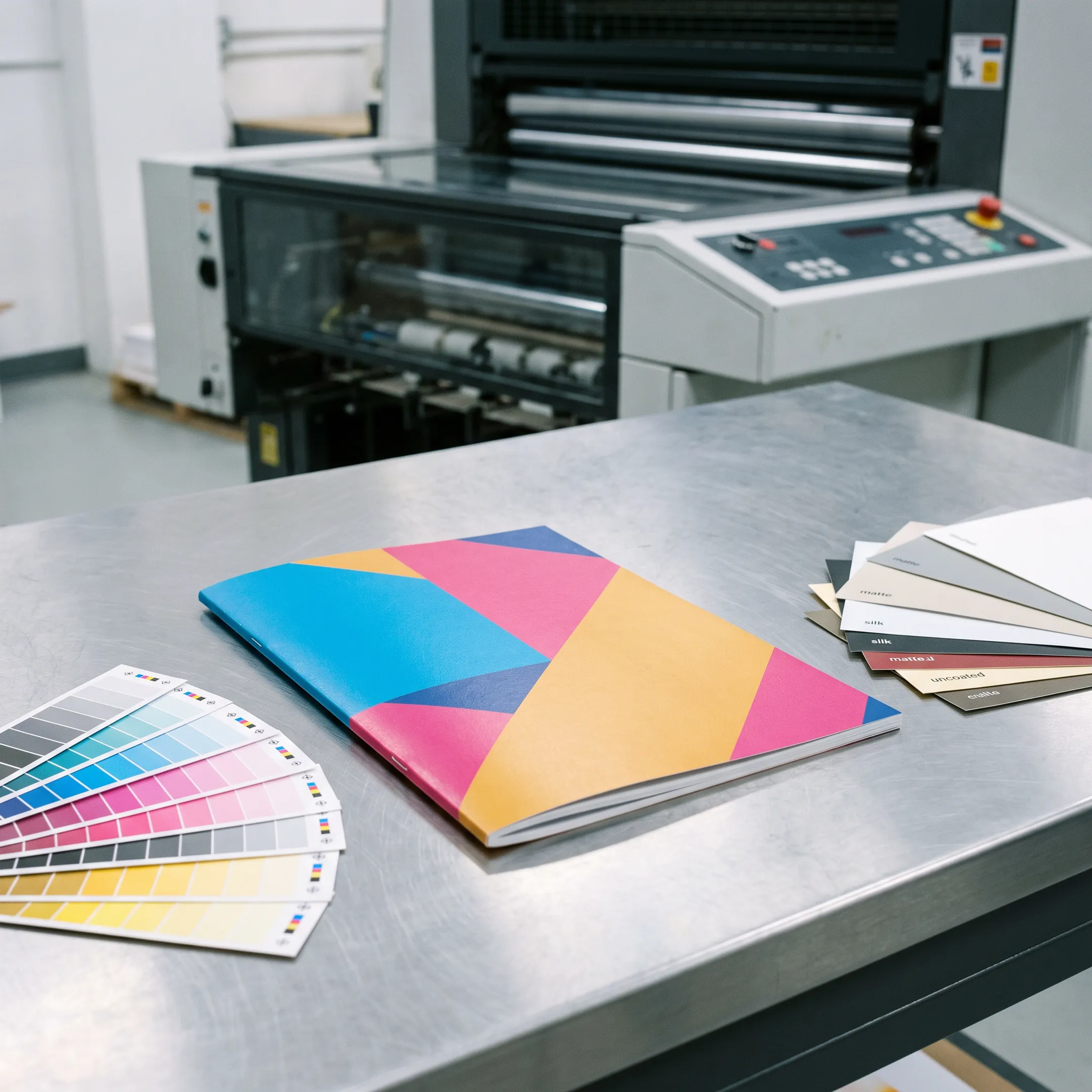 Printed custom booklet beside design proofs and production materials
