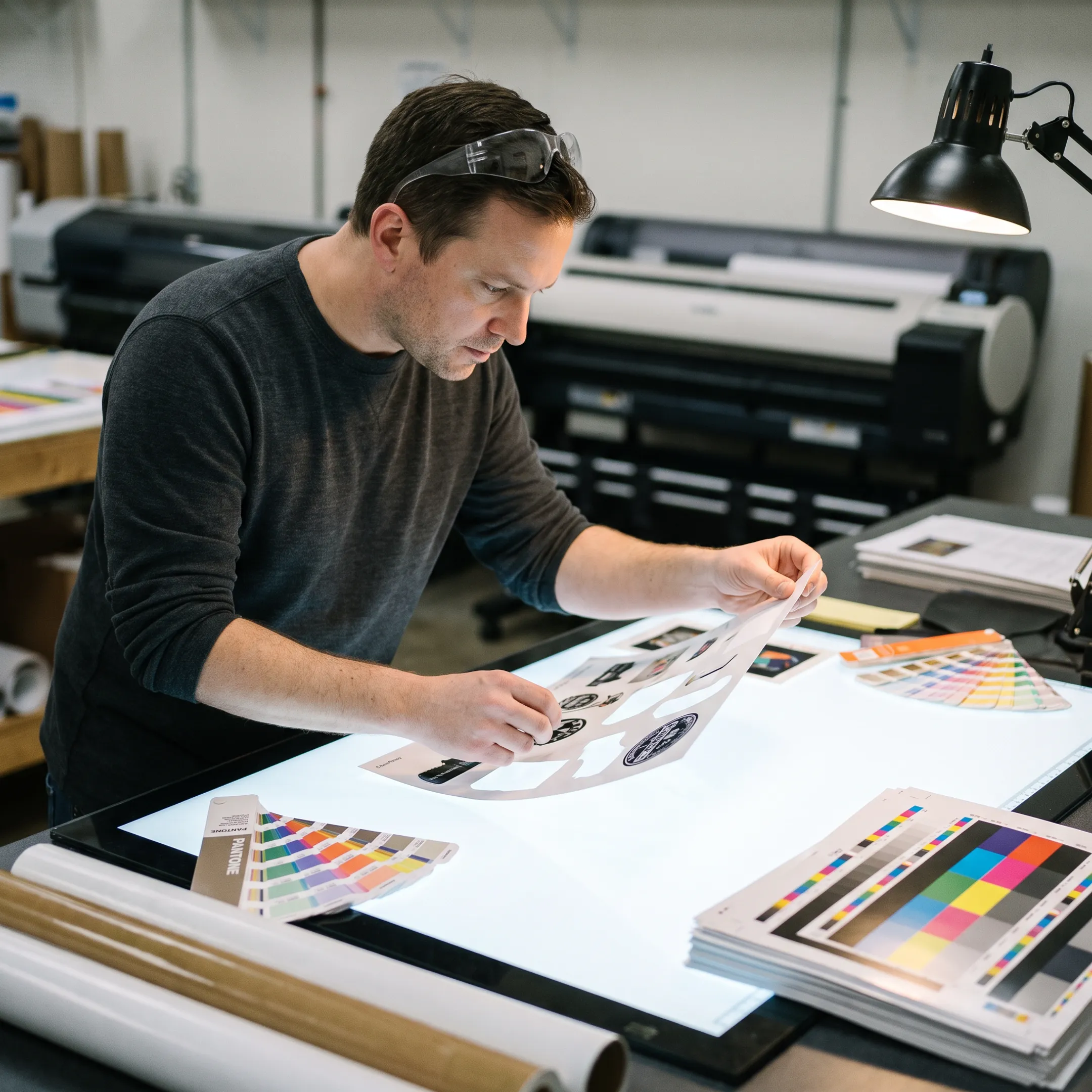 Designer reviewing branded sticker artwork beside printed business graphics