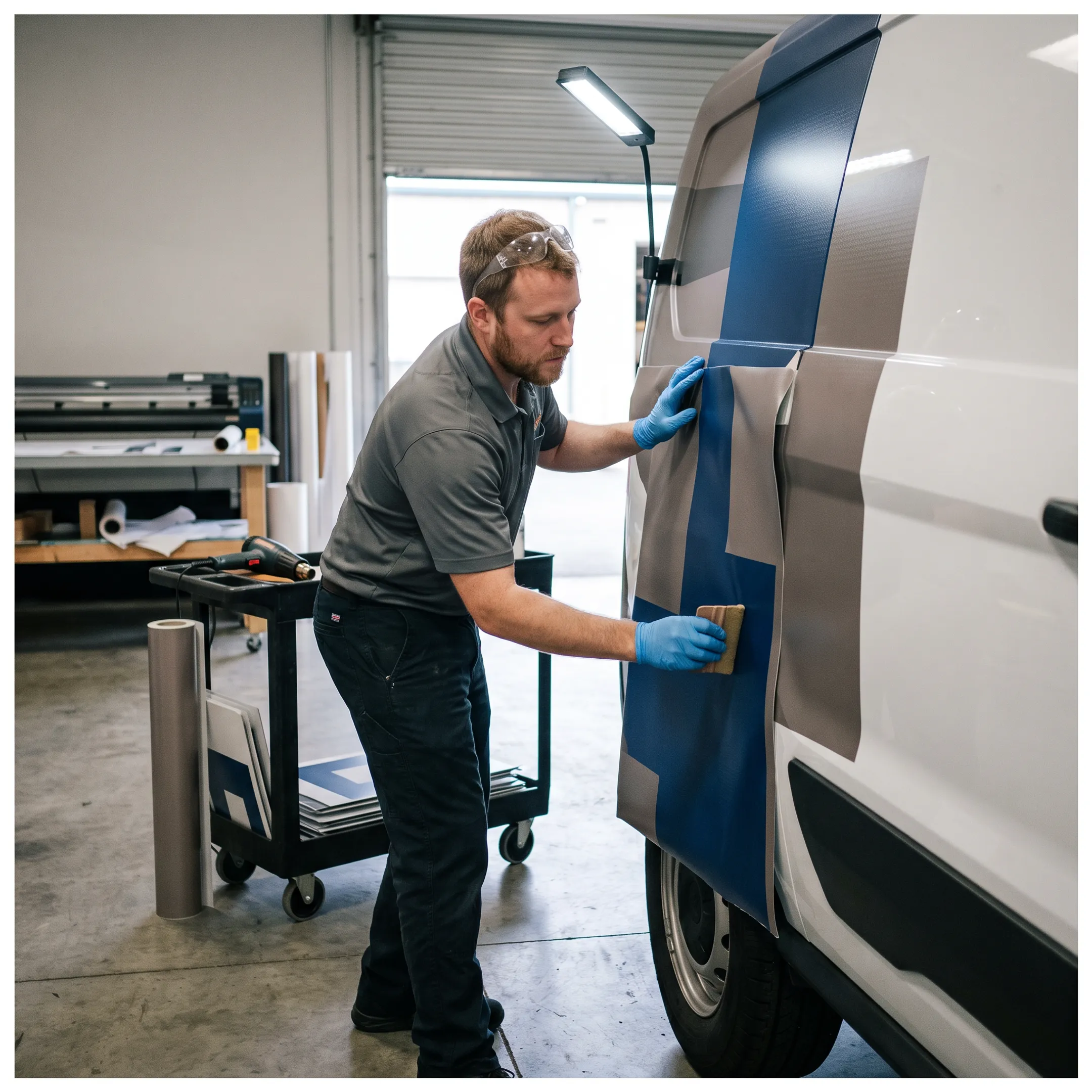 Technician installing branded vinyl graphics on a commercial vehicle