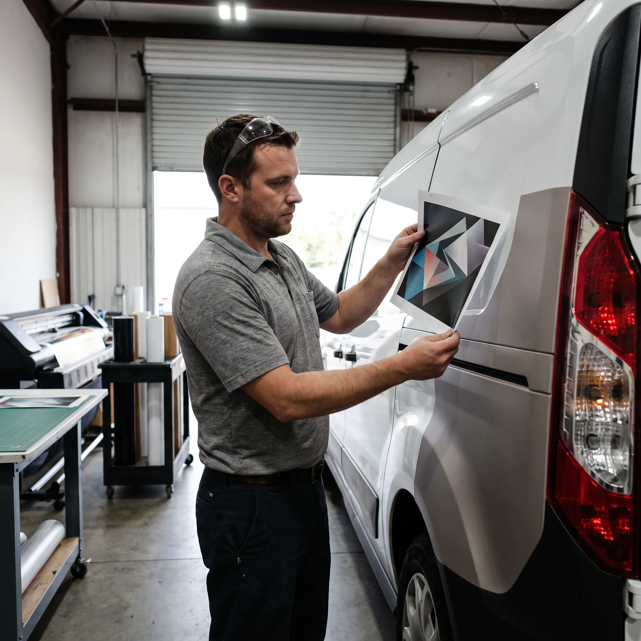 Designer reviewing branded vehicle graphics beside a wrapped company van