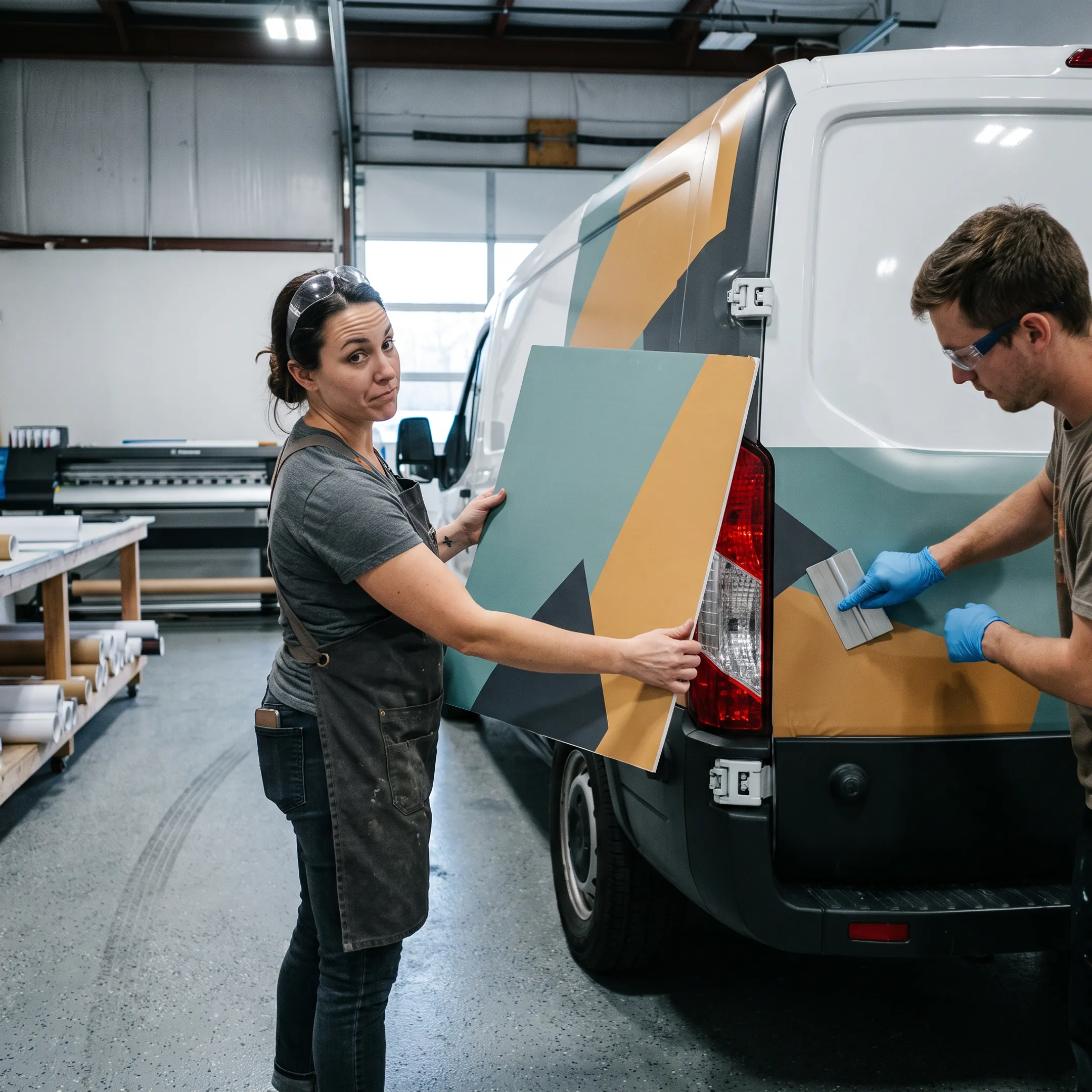 Designer reviewing custom commercial van wrap artwork beside a branded vehicle