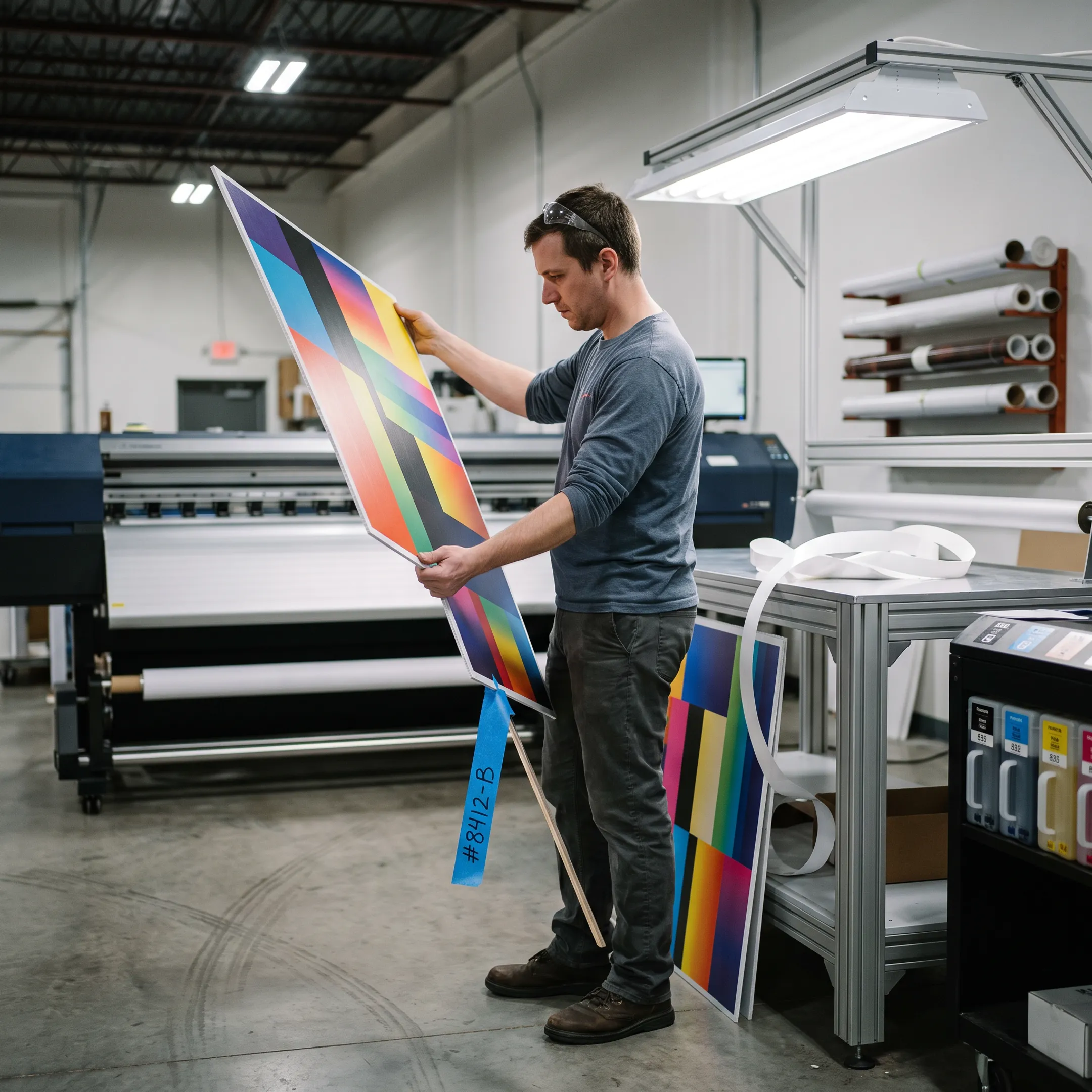 Team member reviewing custom sidewalk sign artwork