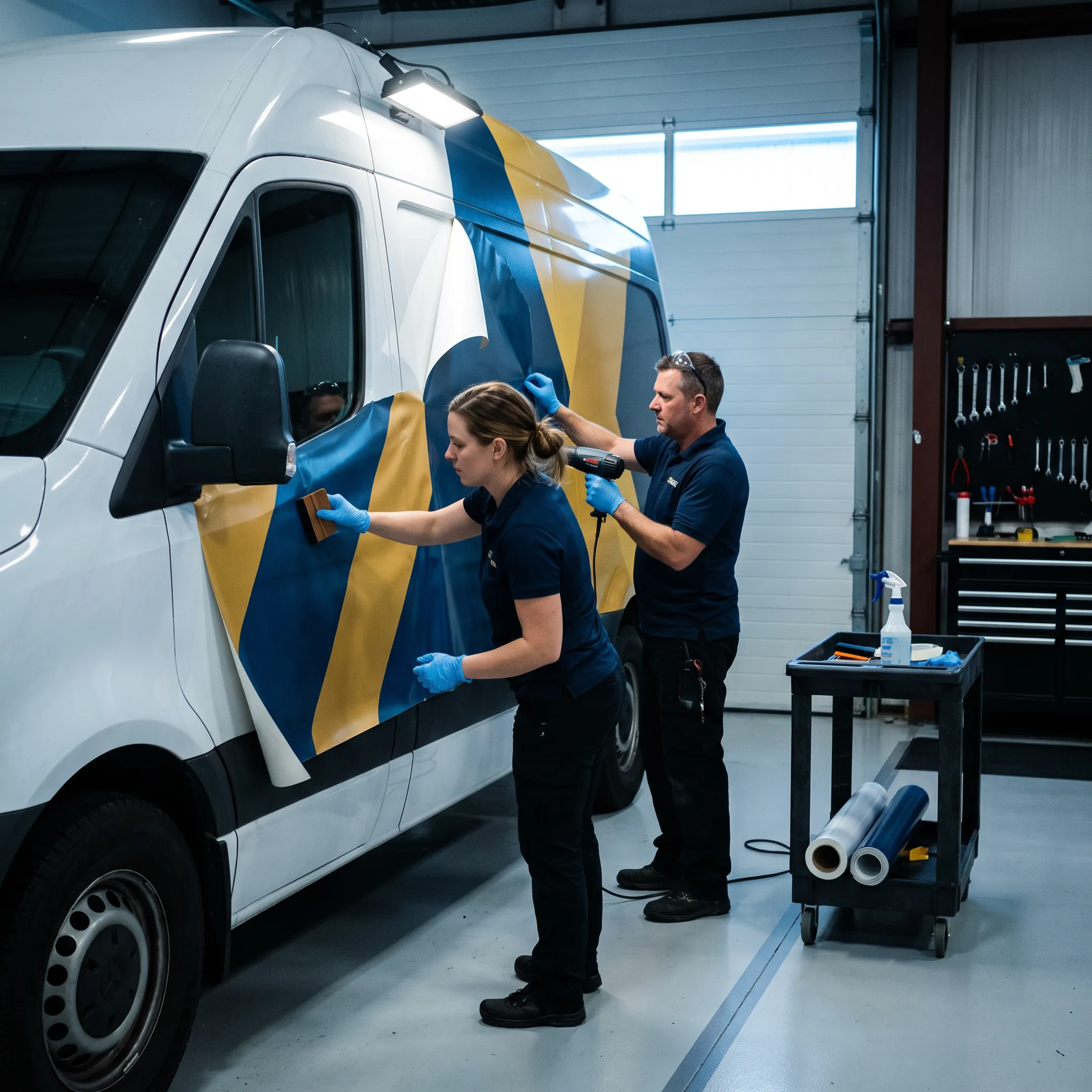 Team installing custom graphics on a Sprinter van