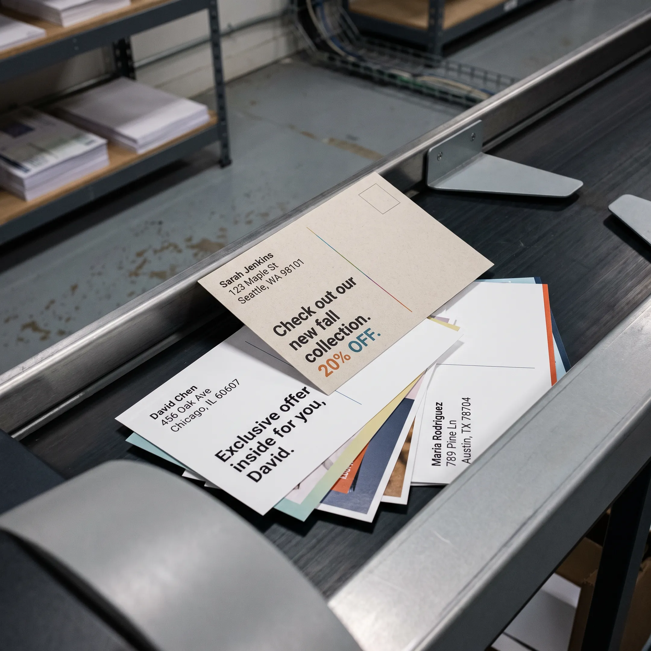 Personalized postcards moving through a digital printing and mailing workflow